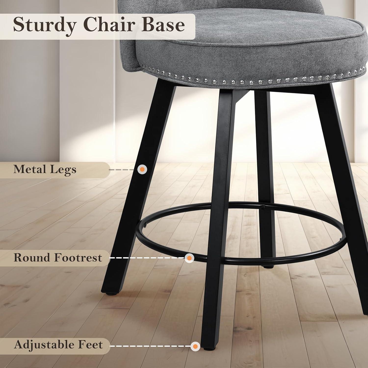 26'' Gray Linen Upholstered Swivel Bar Stools with Wood Legs