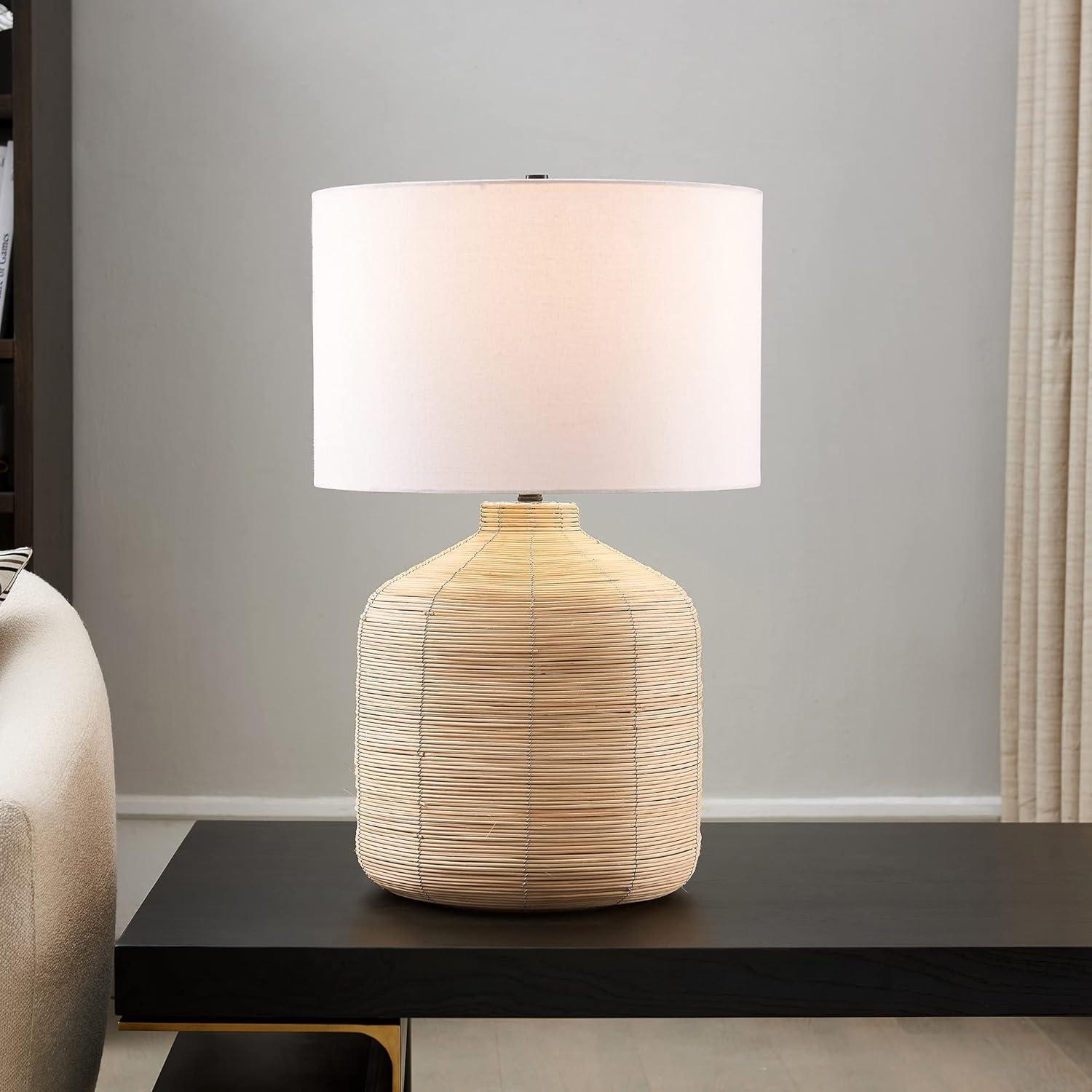 Evelyn&Zoe Jolina 27" Tall Oversized/Rattan Table Lamp with Fabric Shade in Natural Rattan/White