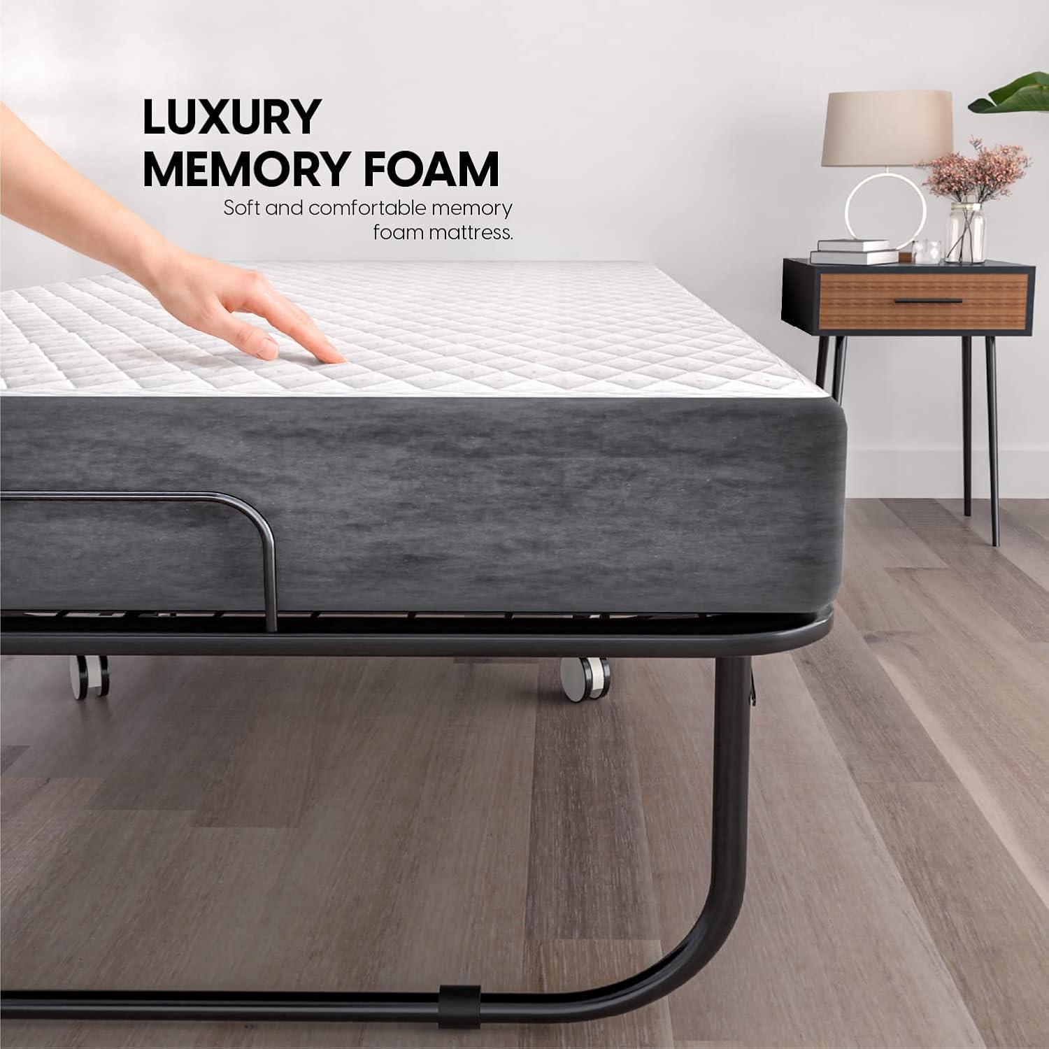 EconoHome Folding Bed with Mattress - 75x31 Cot Size Bed Frame - Portable Foldable Roll Away Adult Bed for Guest - 5-inch Thick Memory Foam Cot Mattress - Space Saving Fold Up Bed for Easy Storage