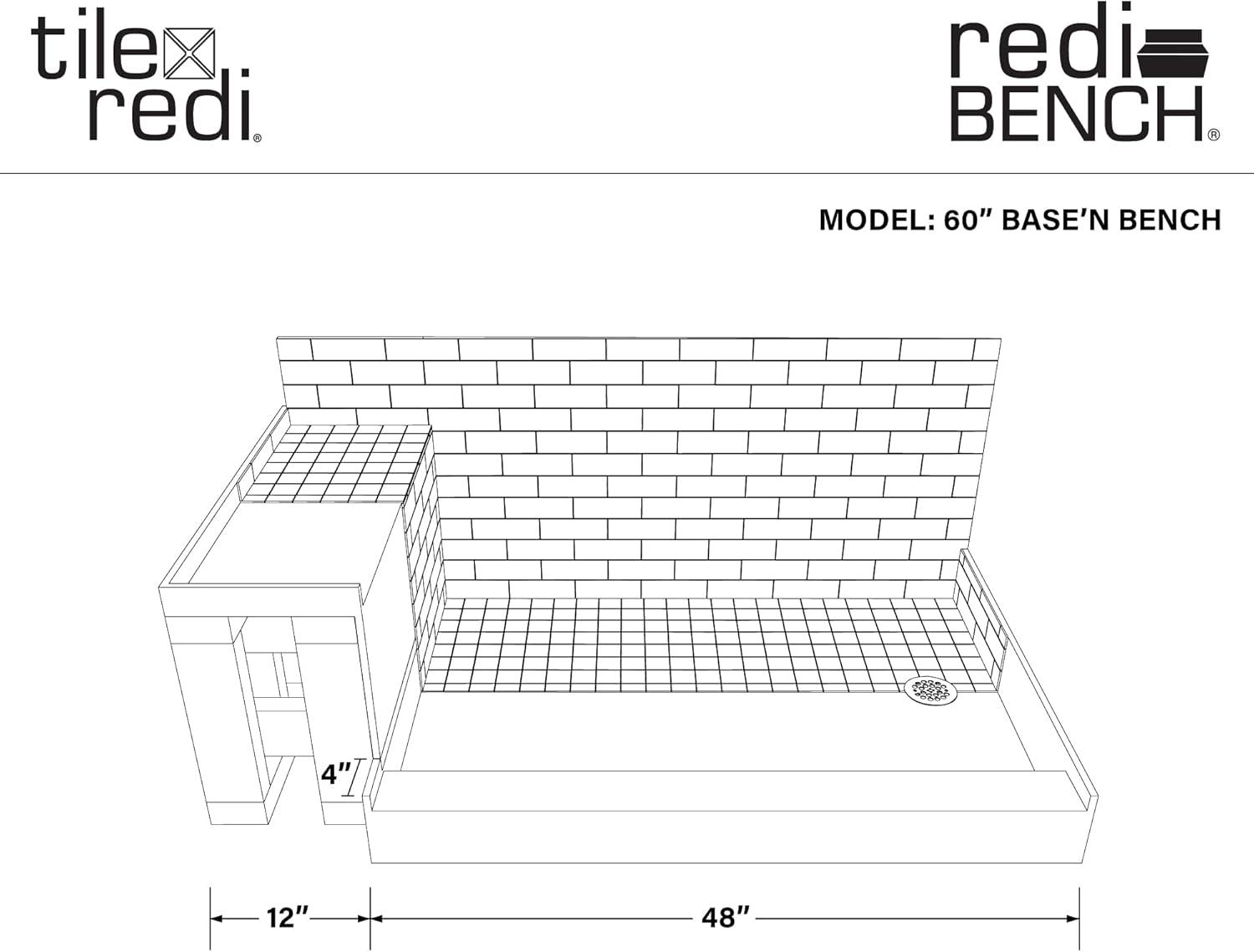 Tile Redi Base'N Bench Single Threshold Shower Base with Bench and Drain Plate