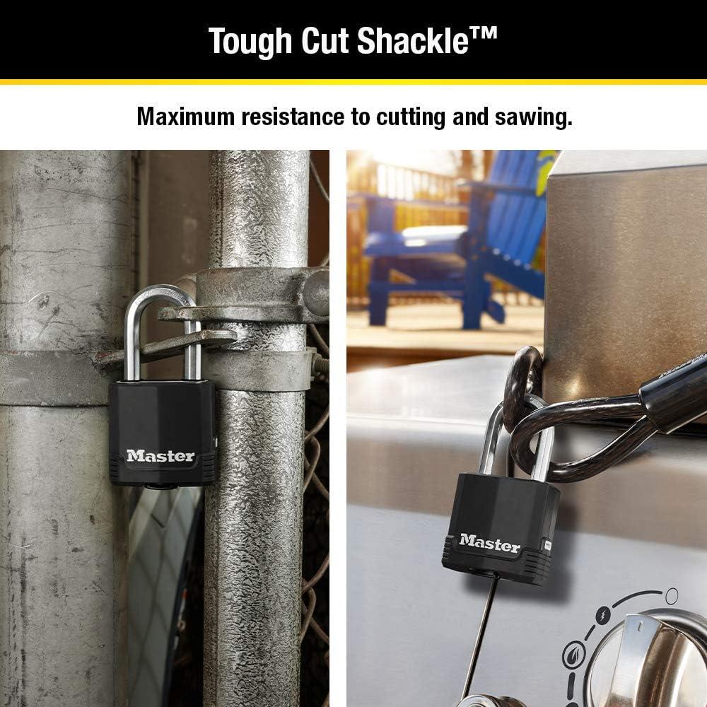 Master Lock Black Outdoor Key Lock, Heavy Duty Weather Resistant Padlock with Cover, Keyed Alike Padlocks for Outdoor Use, 4 Pack, M115XQLF