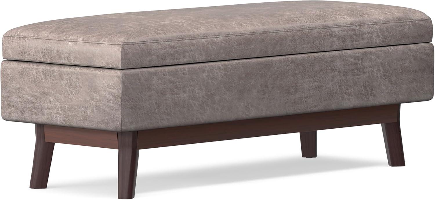 Simpli Home Owen 34 inch Wide Mid Century Modern Rectangle Tray Top Small Coffee Table Storage Ottoman in Distressed Grey Faux Leather