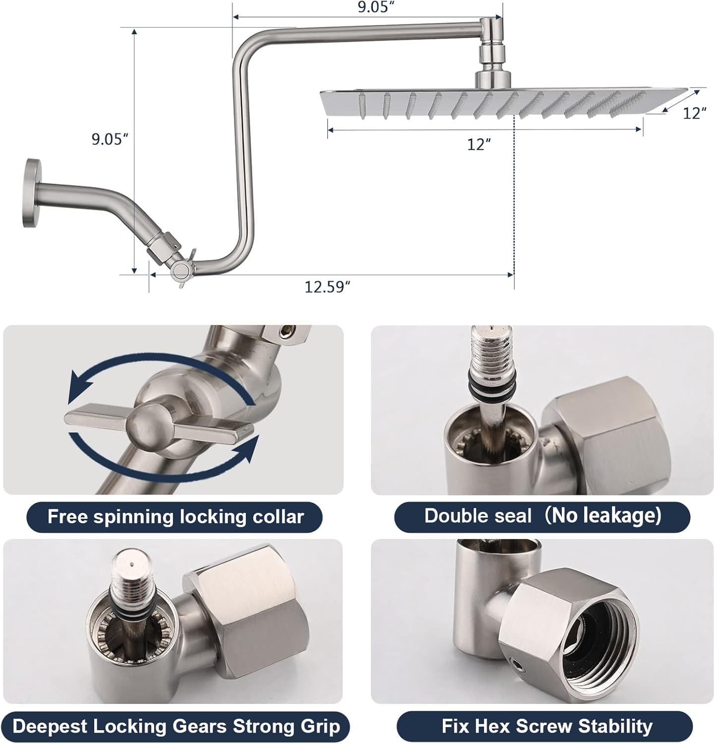 PDPBath 12" Rain Shower Head with Upgrade Adjustable Extension Arm, 304 Stainless Steel High Pressure Rainfall Showerhead, All Metal Large Square Waterfall Fixed Showerhead - Brushed Nickel
