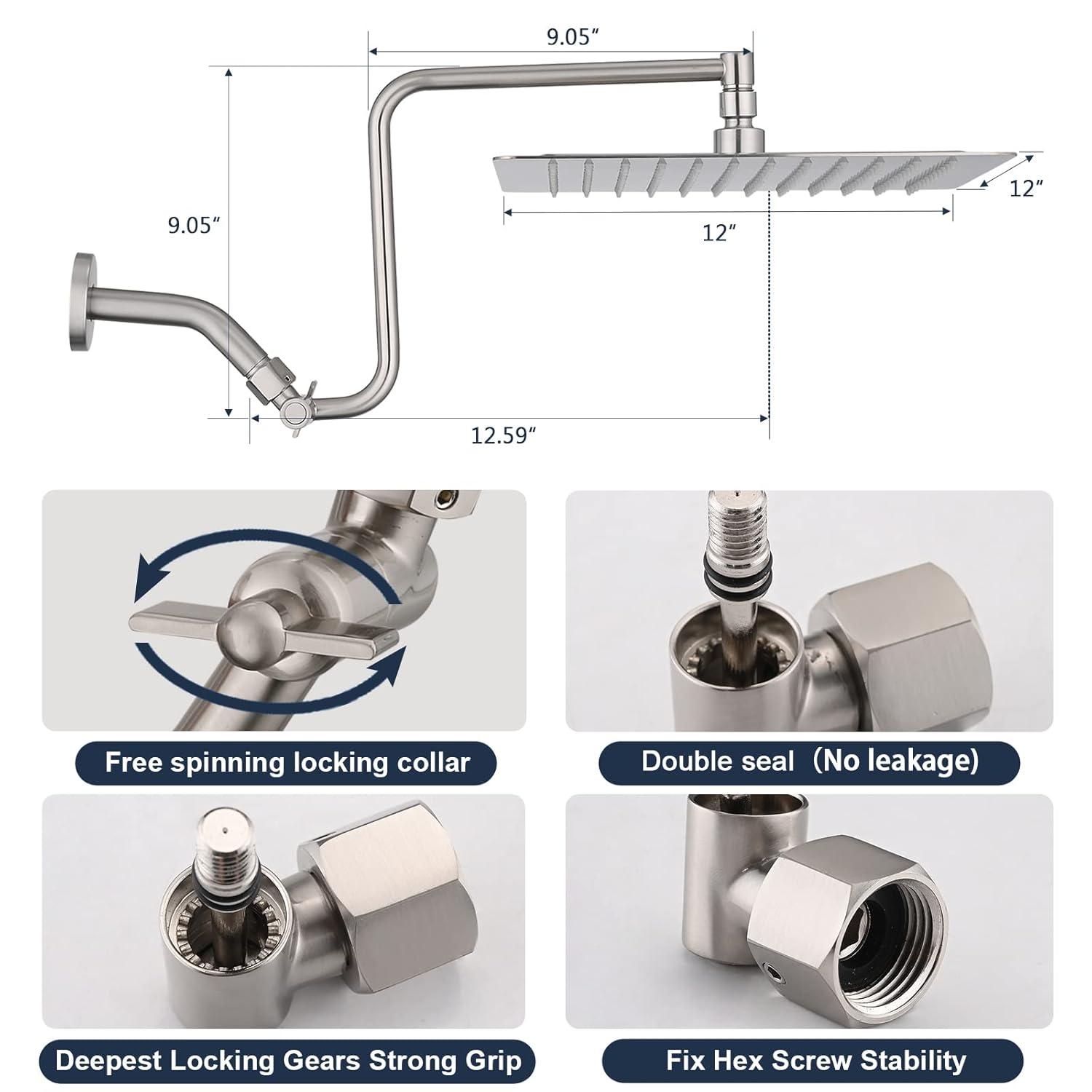 PDPBath 12" Rain Shower Head with Upgrade Adjustable Extension Arm, 304 Stainless Steel High Pressure Rainfall Showerhead, All Metal Large Square Waterfall Fixed Showerhead - Brushed Nickel