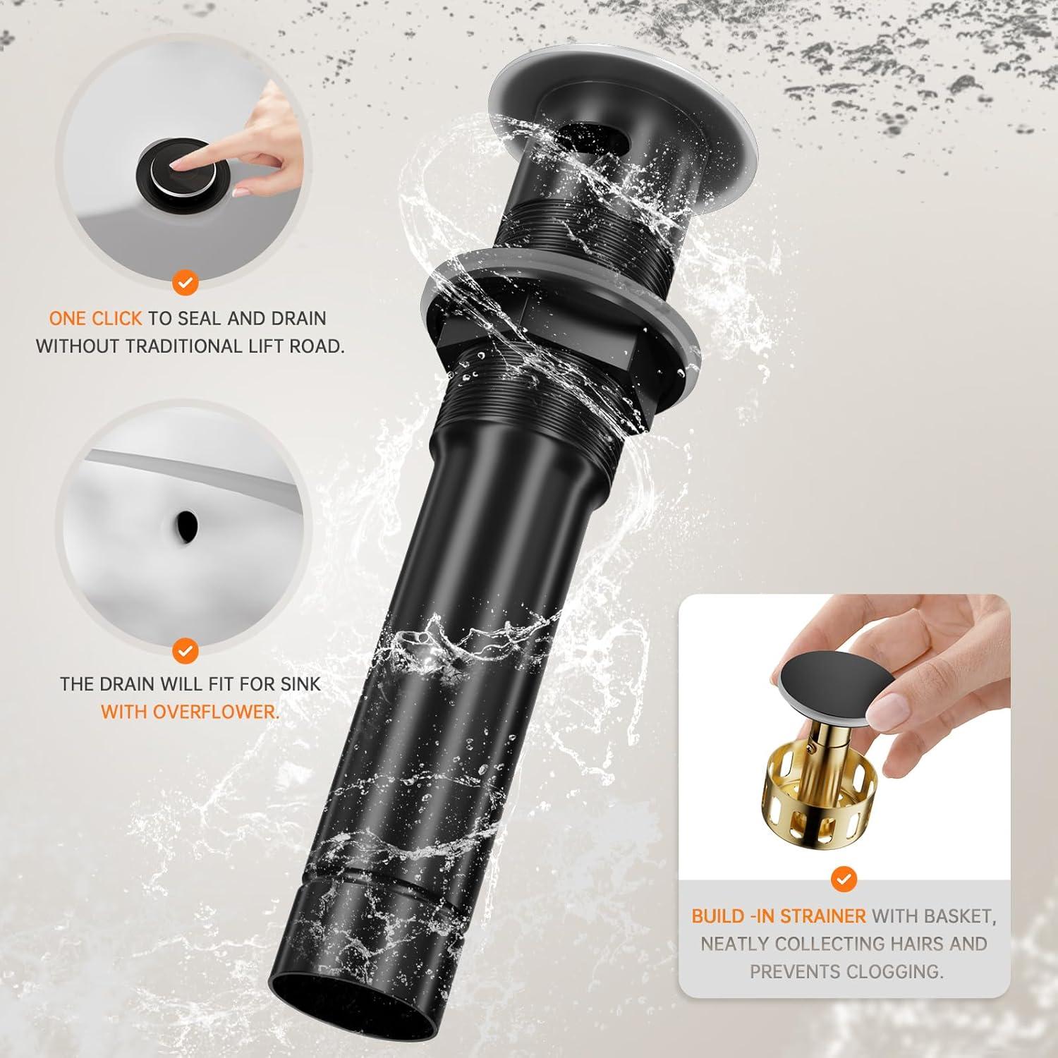 Phiestina Matte Black Single Hole Waterfall Bathroom Sink Faucet Single Handle, with 6-Inch Deck Plate & Metal Pop Up Drain Assembly, NS-SF01-MB