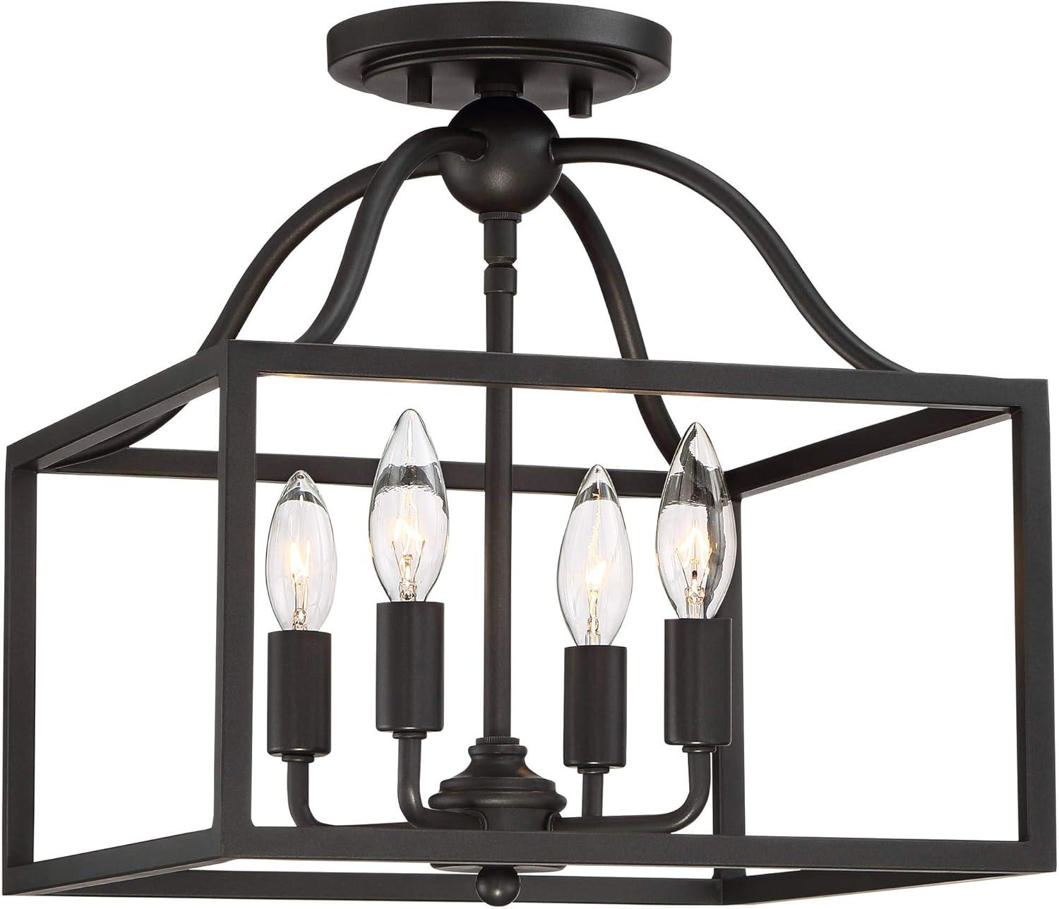 Franklin Iron Works Elle Rustic Industrial Ceiling Light Semi Flush Mount Fixture 13" Wide Black 4-Light Square Cage for Bedroom Living Room Kitchen