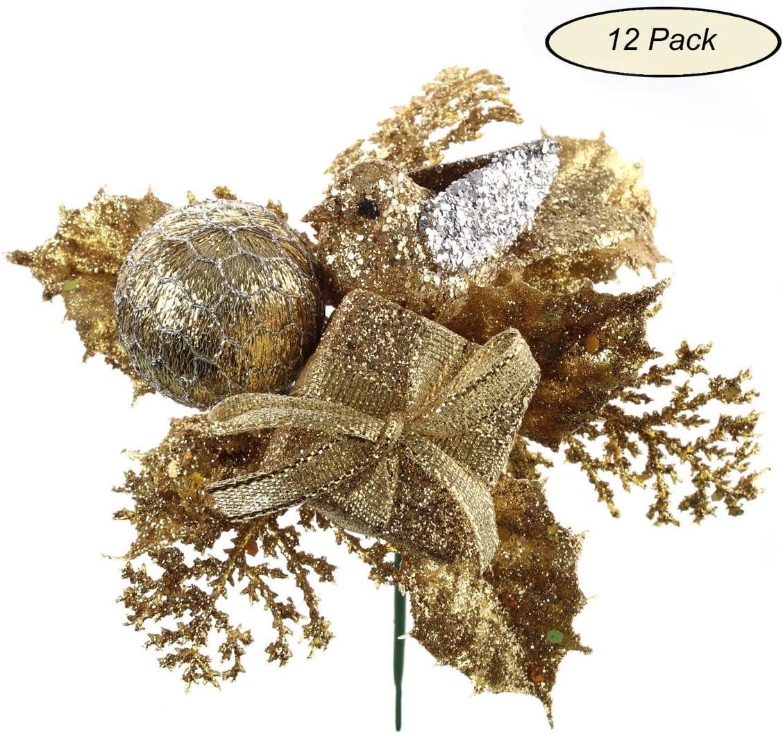 12 Picks Gold Glitter Christmas Tree Picks Decoration