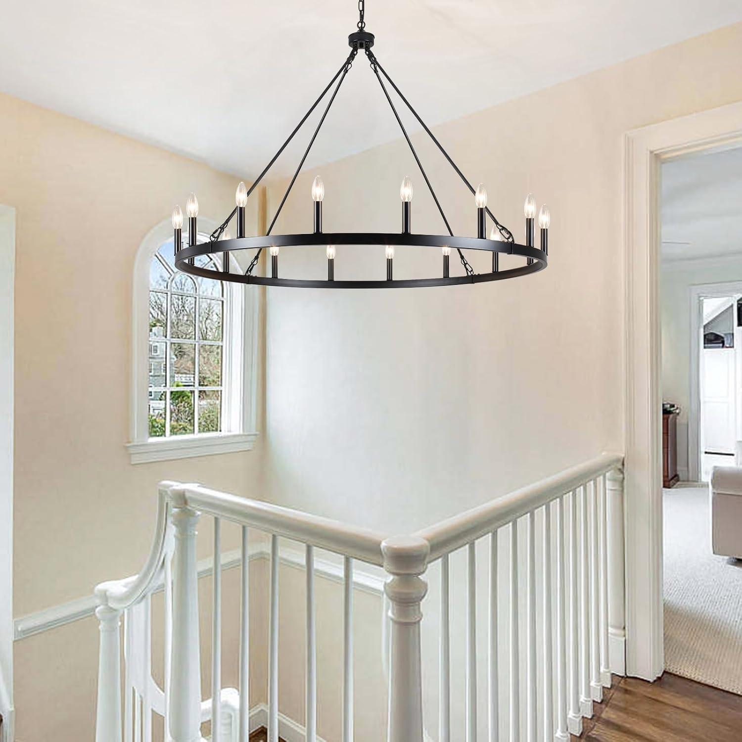 16-Lights Wagon Wheel Chandelier 47 Inch Black Farmhouse Chandelier Large Chandeliers for High Ceilings Round Modern Farmhouse Chandeliers Ceiling Light for Living Room Dining Room Foyer Entryway