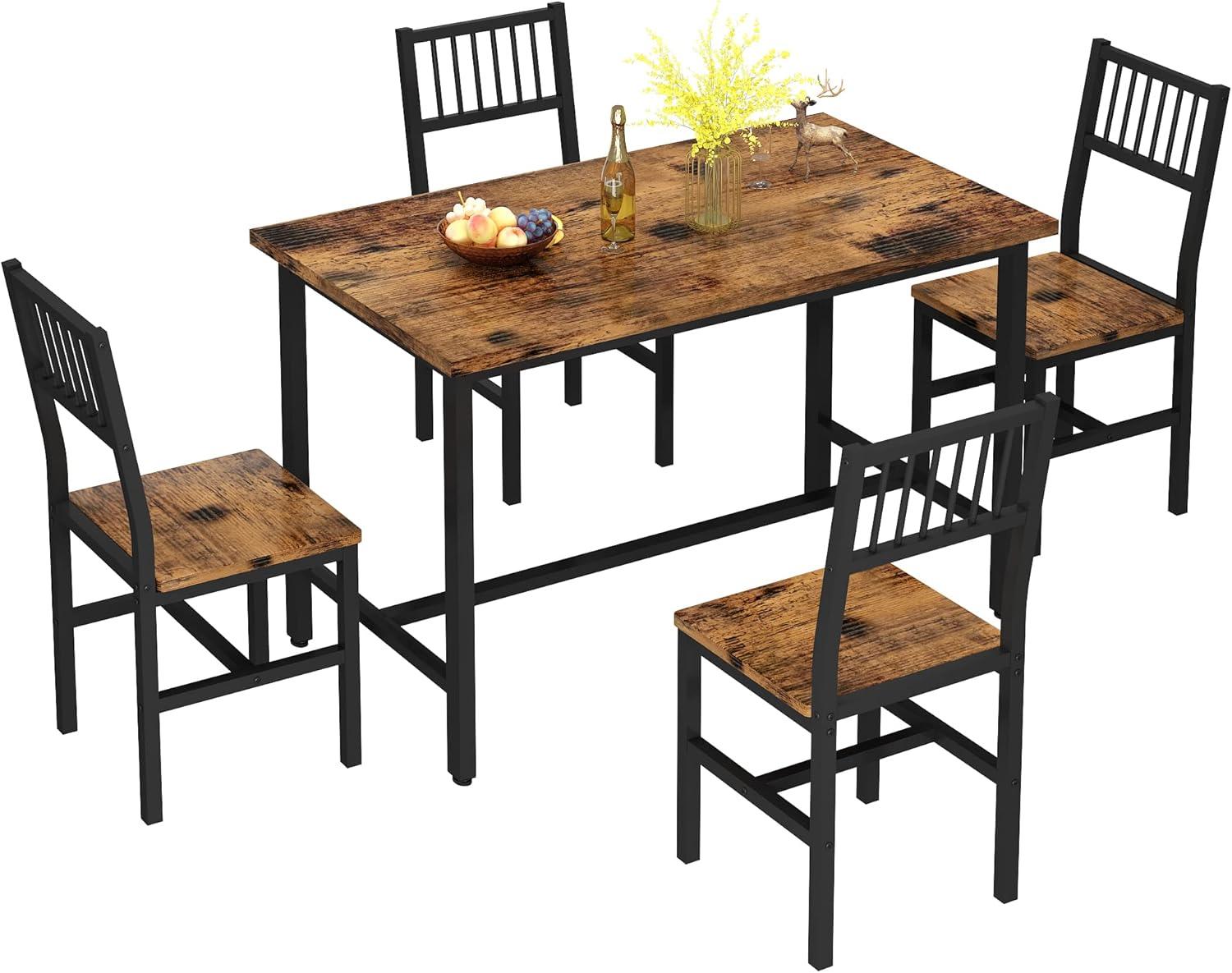 AWQM Bar Table and Chairs Set, Industrial Counter Height Pub Table with 4 Chairs, Wood Bar Table Kitchen Table Set, Rustic Brown