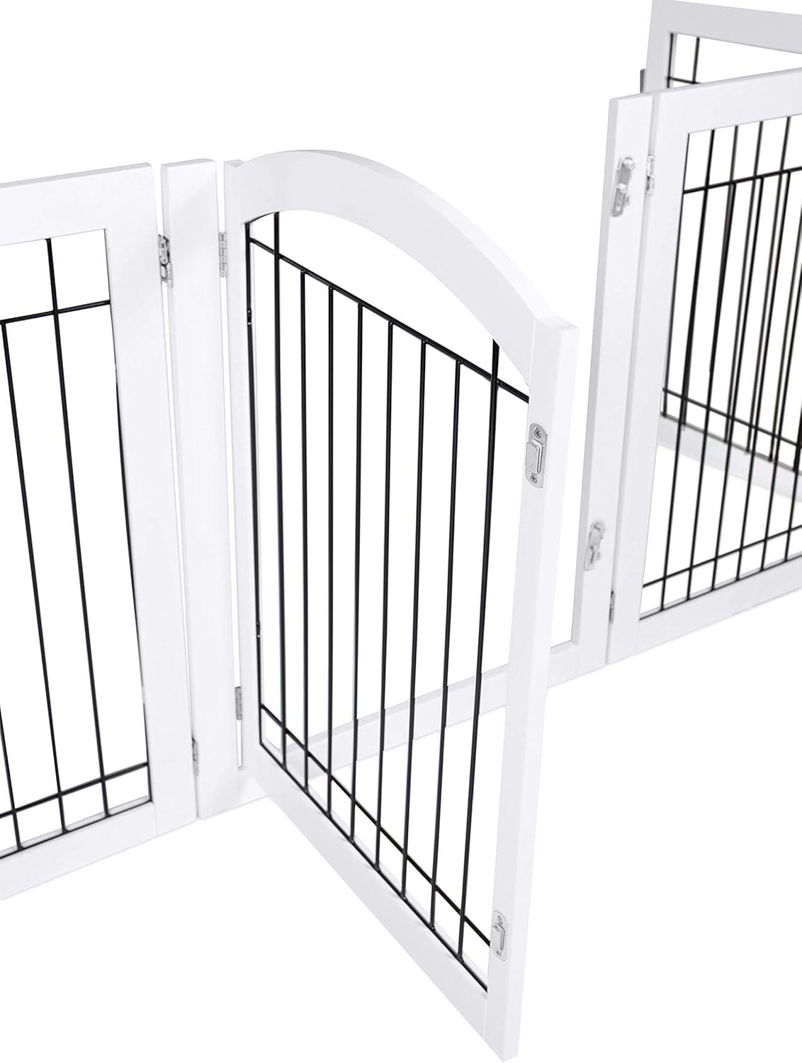 Expandable White Wood and Black Wire Freestanding Pet Gate