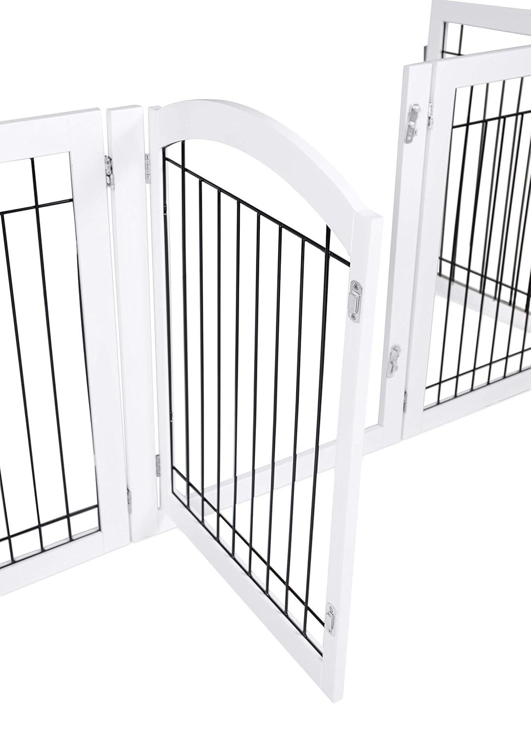 Expandable White Wood and Black Wire Freestanding Pet Gate