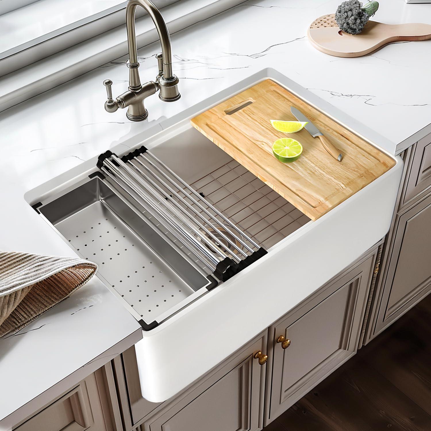 Pure 33 in. Workstation White Kitchen Sink Apron Front Fireclay Farmhouse Sink Single Bowl with Accessory Kit