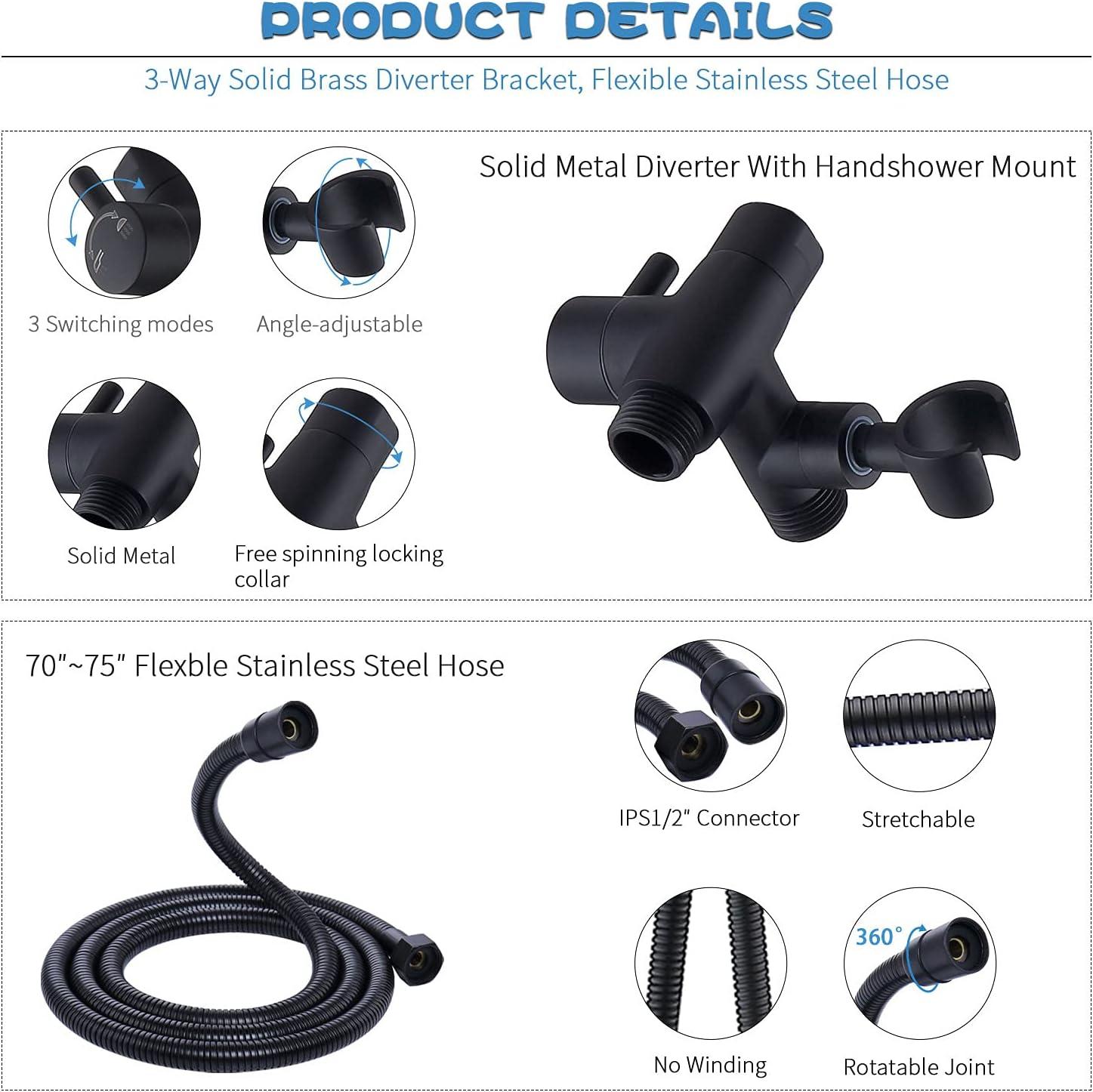 All Metal Shower Faucet Set, Dual Square Shower Head System with Handheld Wand, Diverter, Hose Complete Combo, Pressure Balance Rough-in Valve Included