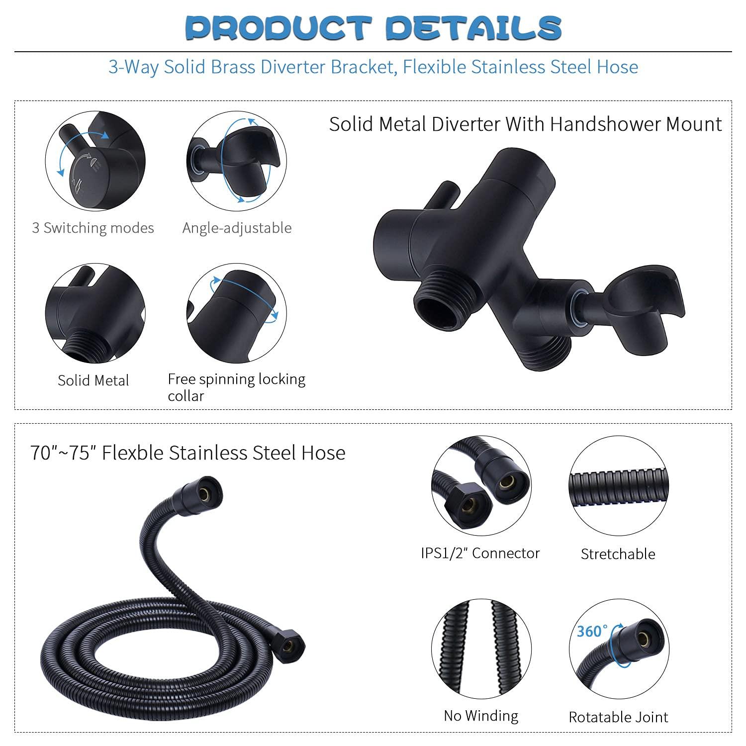 All Metal Shower Faucet Set, Dual Square Shower Head System with Handheld Wand, Diverter, Hose Complete Combo, Pressure Balance Rough-in Valve Included