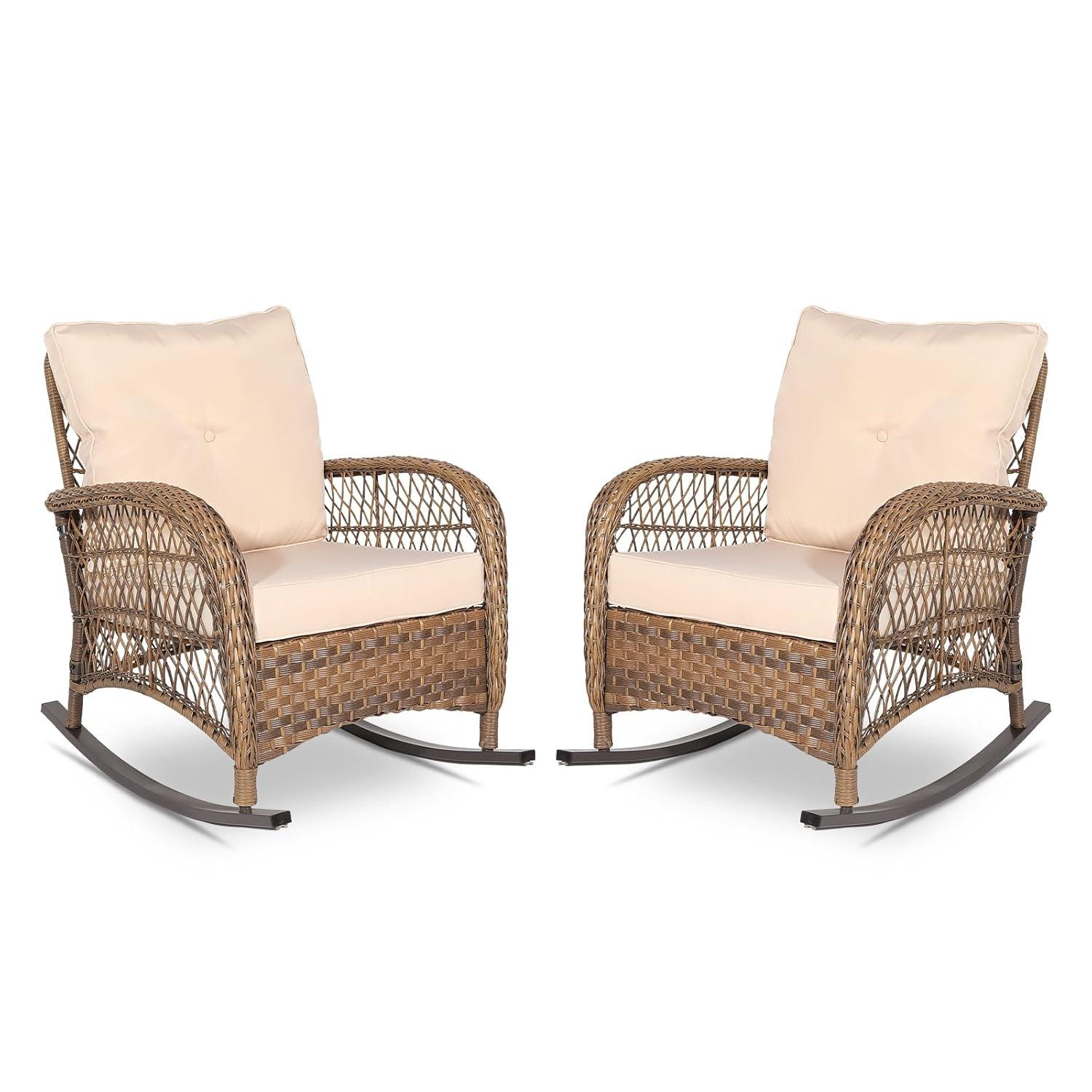 VIVIJASON 2 Piece Patio Wicker Rattan Rocker Chair, Outdoor Rattan Rocker Chair with Cushions & Steel Frame, All-Weather Rocking Lawn Wicker Furniture for Garden Backyard Porch (Beige)
