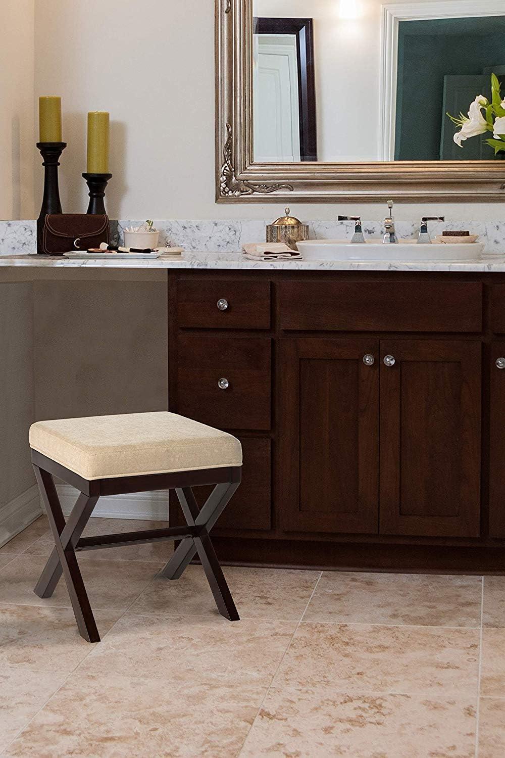 Espresso Wood and Beige Upholstered Backless Vanity Stool