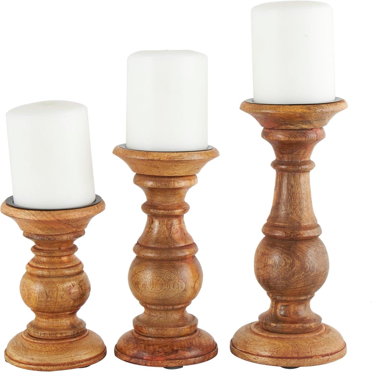 DecMode Traditional and Timeless Mango Wood Pillar Candle Holder Set of 3, 4", 8", 10"H, Brown Finish