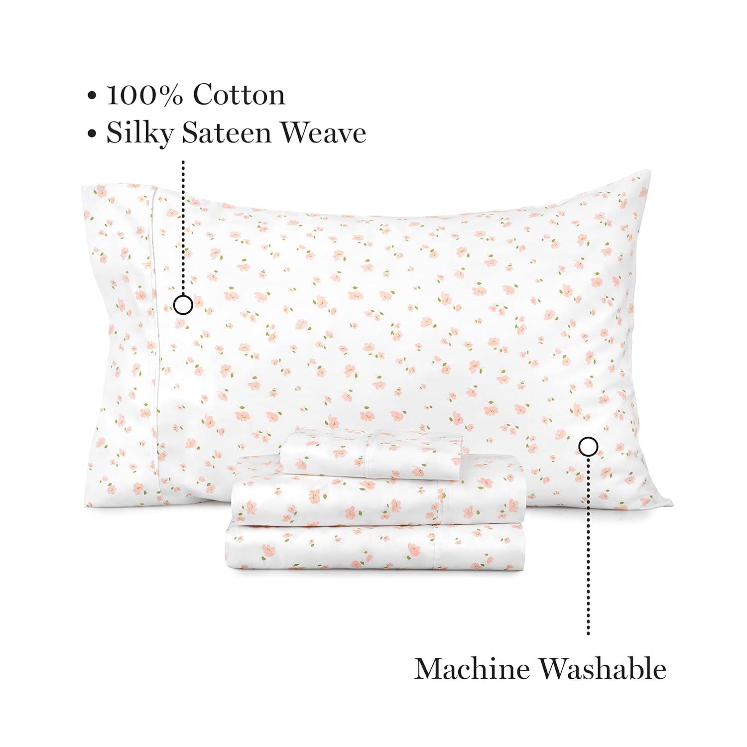 MARTHA STEWART 100% Cotton Queen Sheet Set - 4 Piece, Soft, Smooth, Durable, Easy Care, 16" Deep Pocket Sheet, Bedding Sheets, Sateen Sheet, 1 Flat, 1 Fitted, 2 Pillowcases, Blush