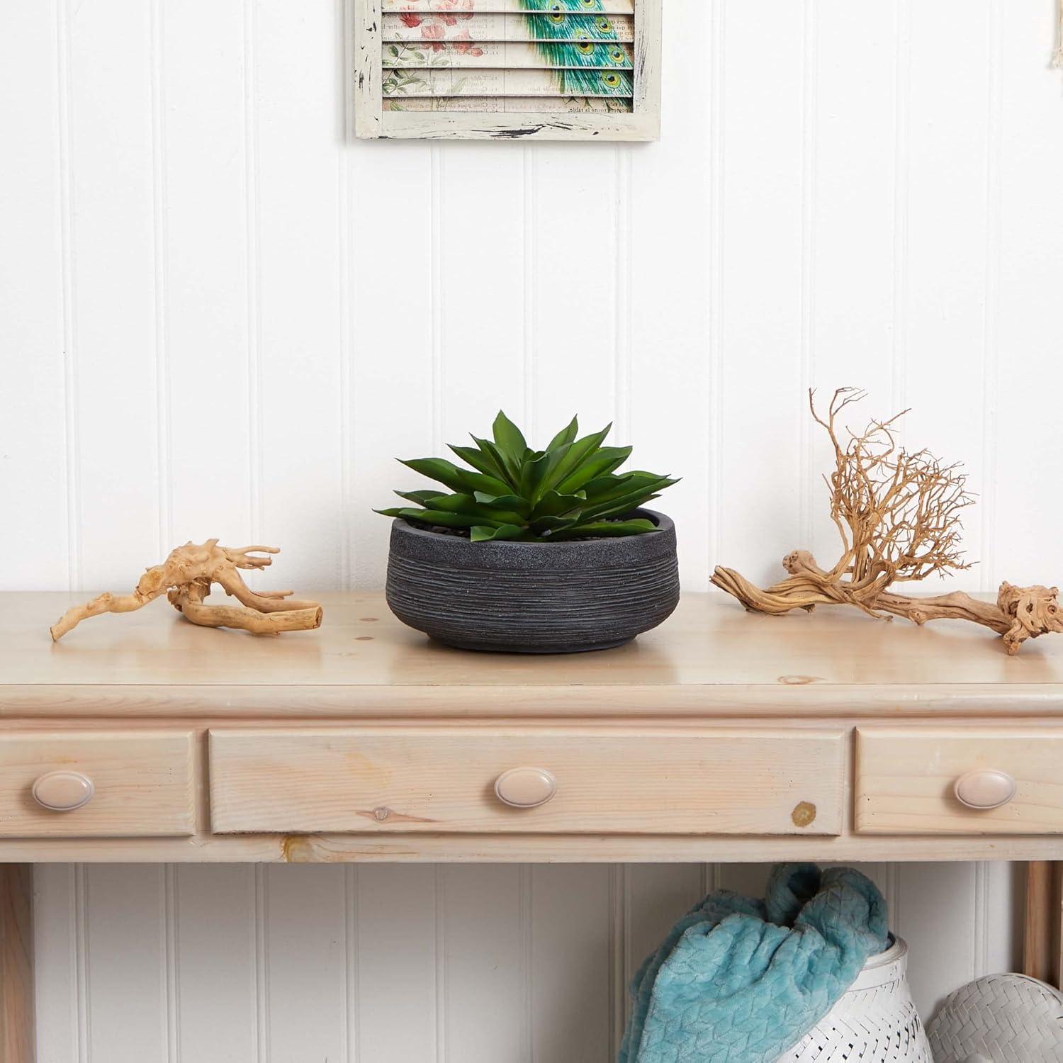 Large Green Plastic Succulent in Textured Iron Bowl