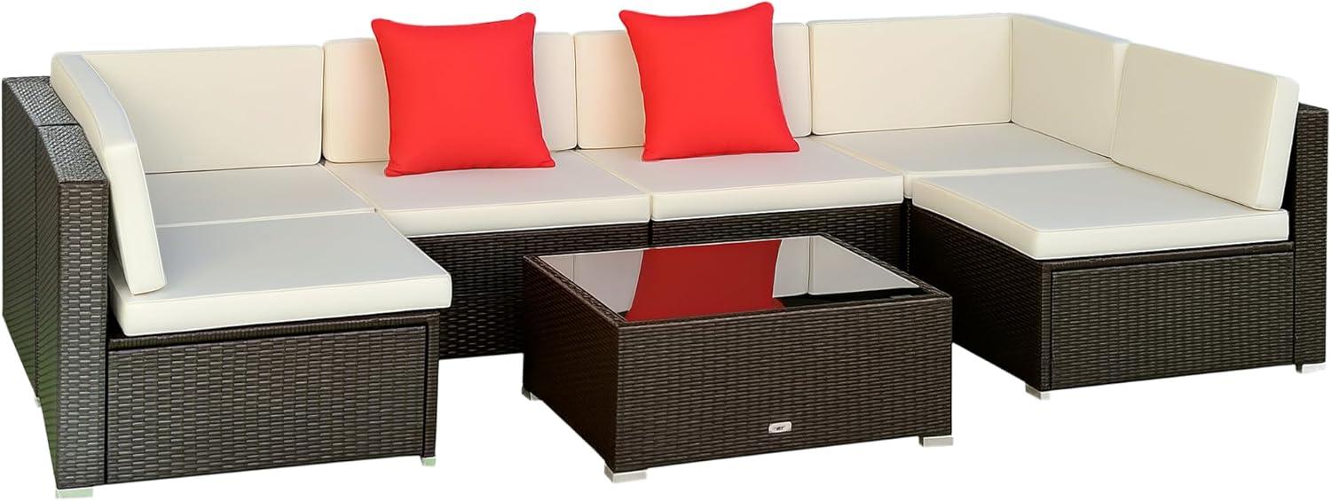 Outsunny 7 Piece Outdoor Patio Furniture Set, PE Rattan Wicker Sectional Sofa Set with Couch Cushions, Pillows, Coffee Table, Cream White