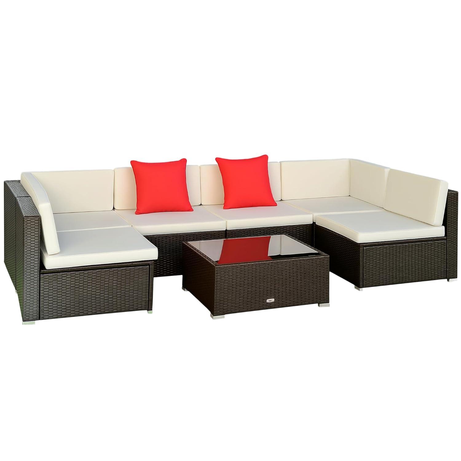 Outsunny 7 Piece Outdoor Patio Furniture Set, PE Rattan Wicker Sectional Sofa Set with Couch Cushions, Pillows, Coffee Table, Cream White