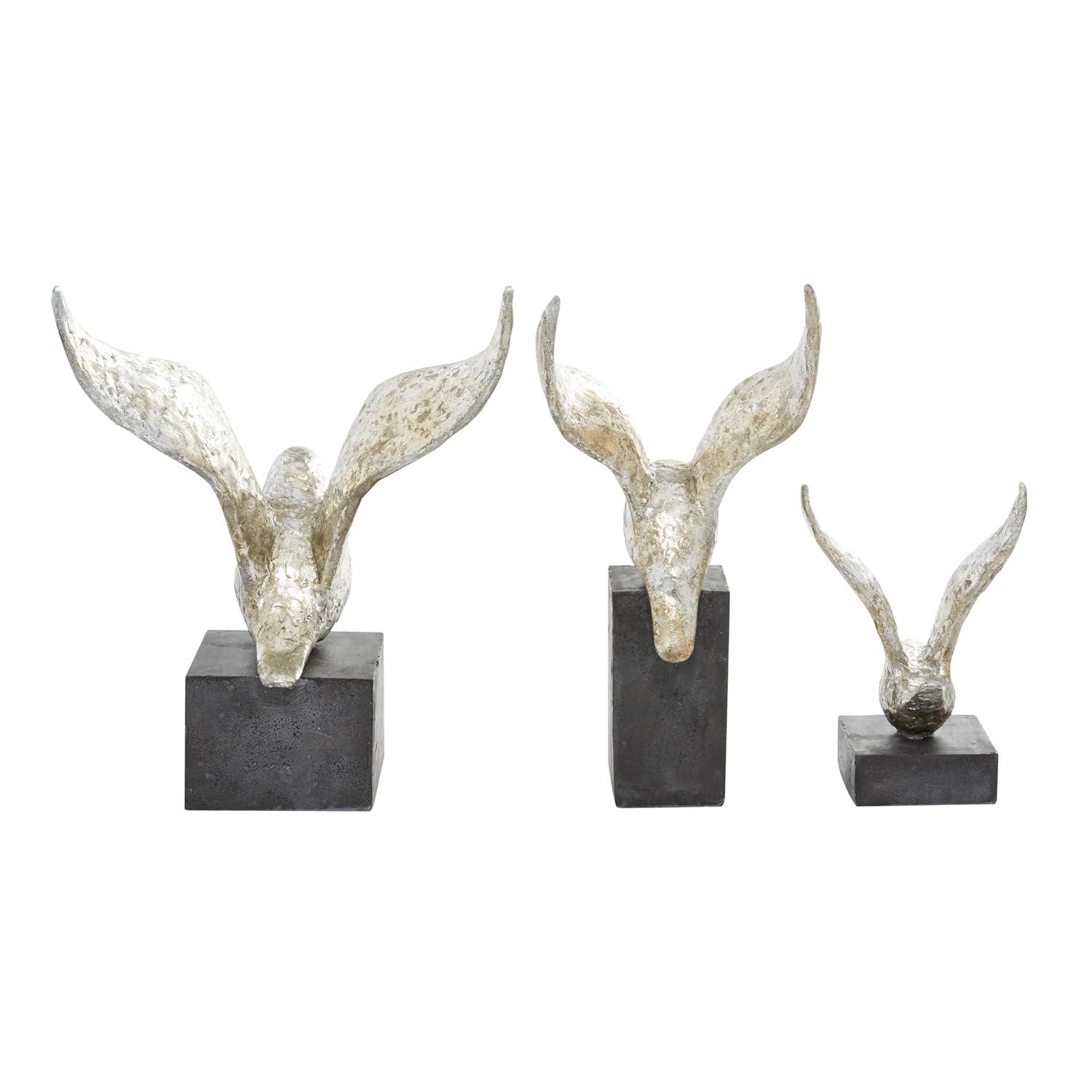 14", 9", 14"H Silver Polystone Bird Sculpture, by DecMode (3 Count)