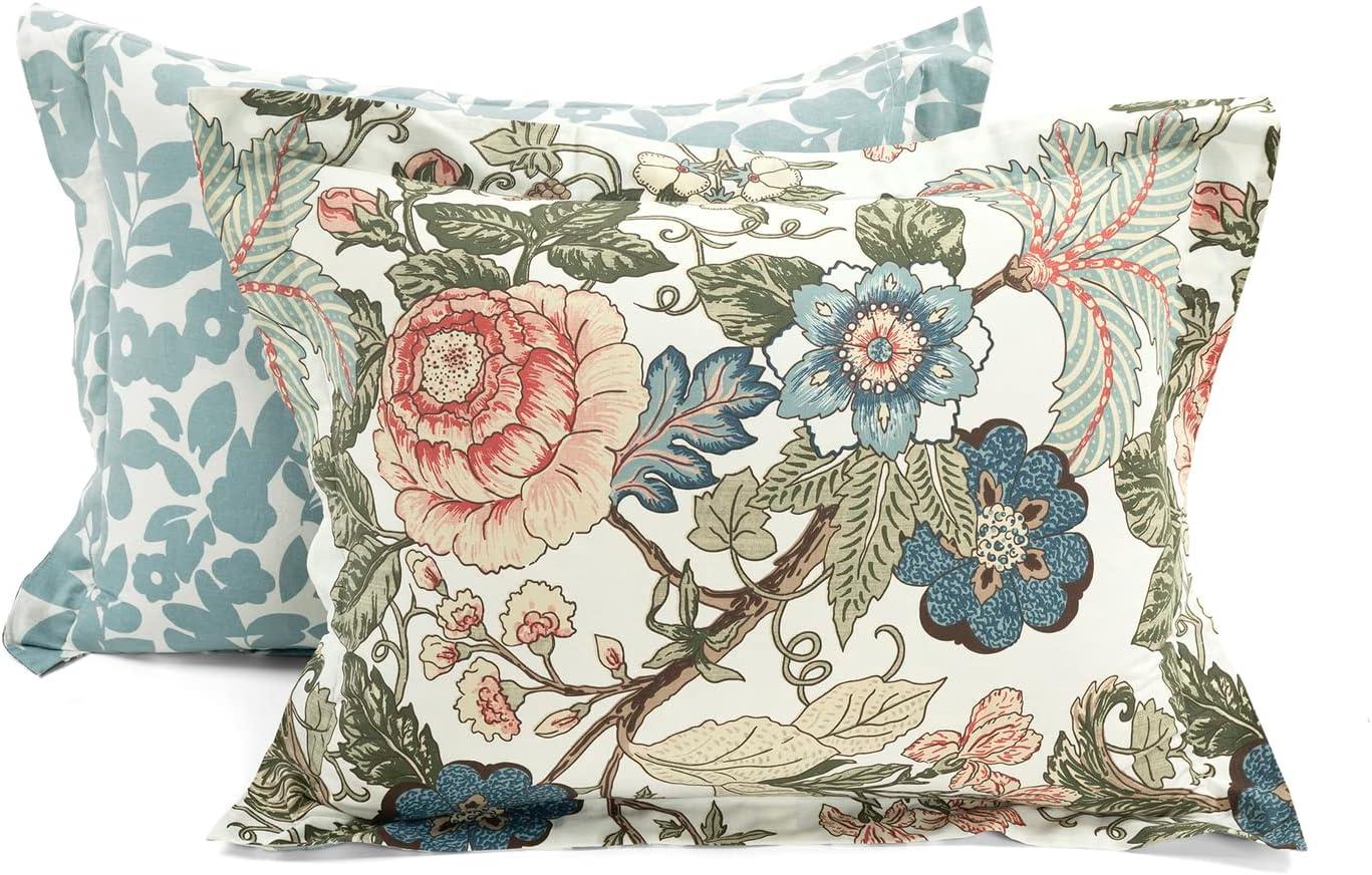 Green and Blue Floral Cotton Reversible Queen Duvet Cover Set