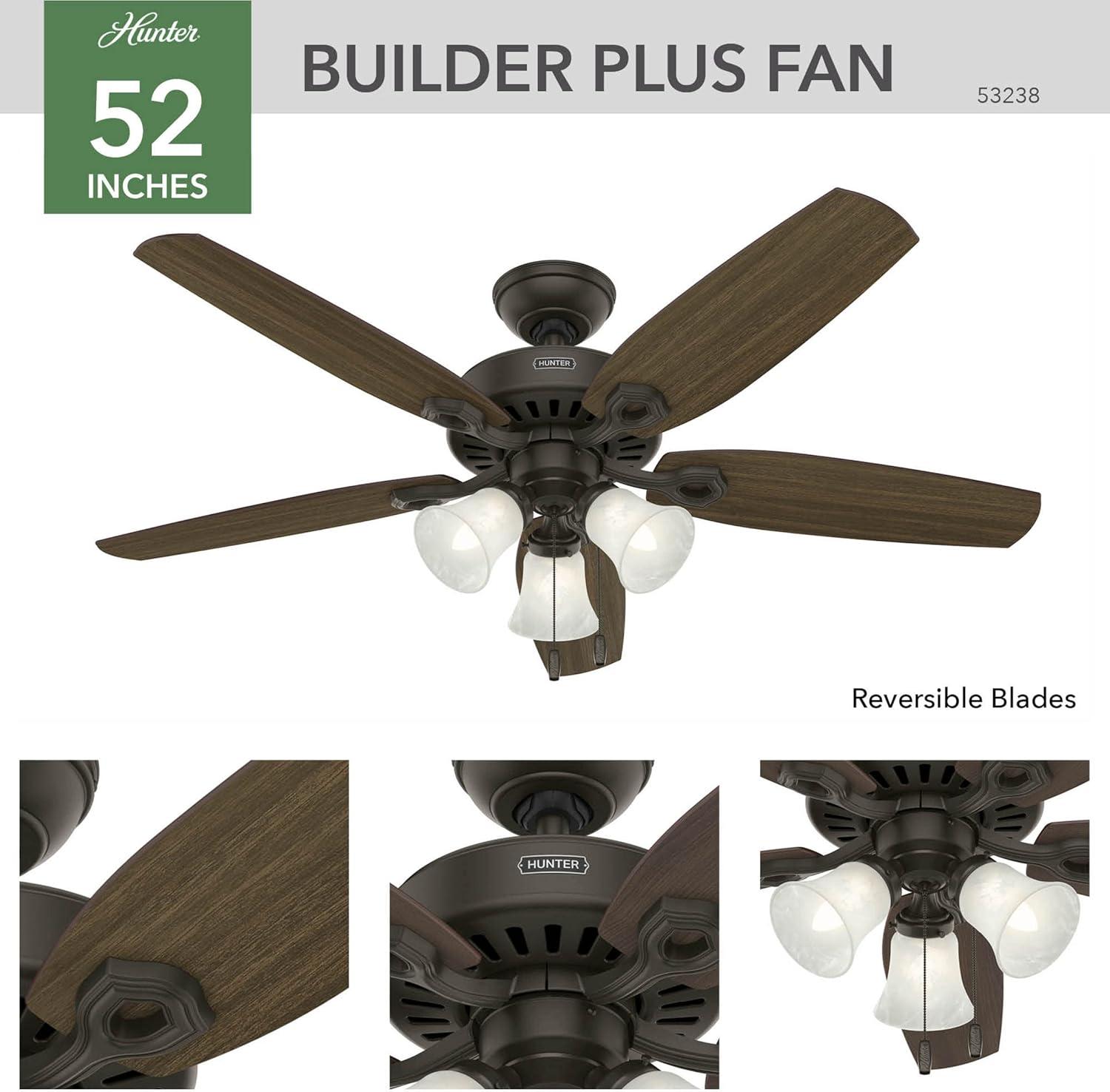 52" Builder Plus 5 - Blade Standard Ceiling Fan with Pull Chain and Light Kit Included