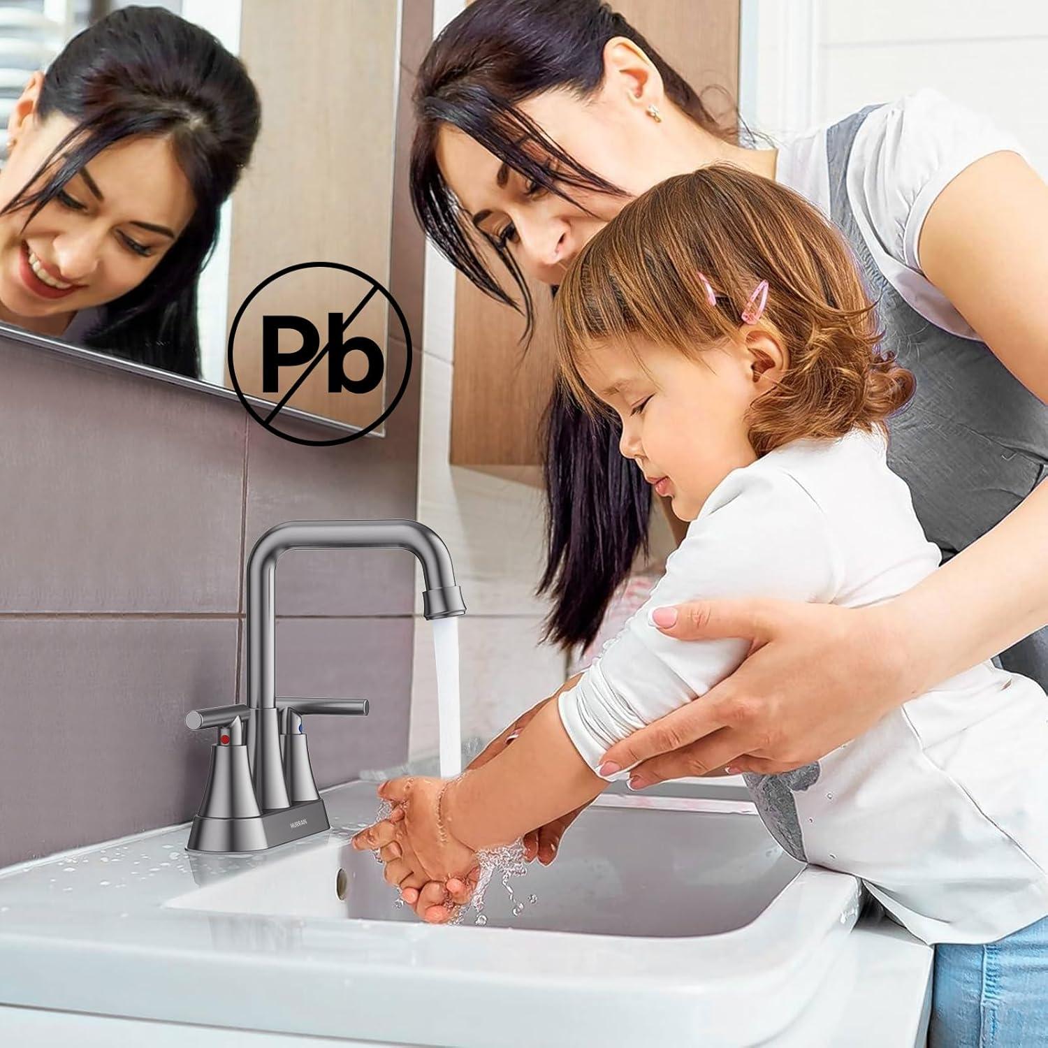 4 Inch Bathroom Faucets for Sink 3 Hole, Faucet for Bathroom Sink with Pop-up Drain & Supply Hoses, 2-Handle 360 Swivel Spout Stainless Steel Lead-Free, Centerset Faucet for Vanity Lavatory
