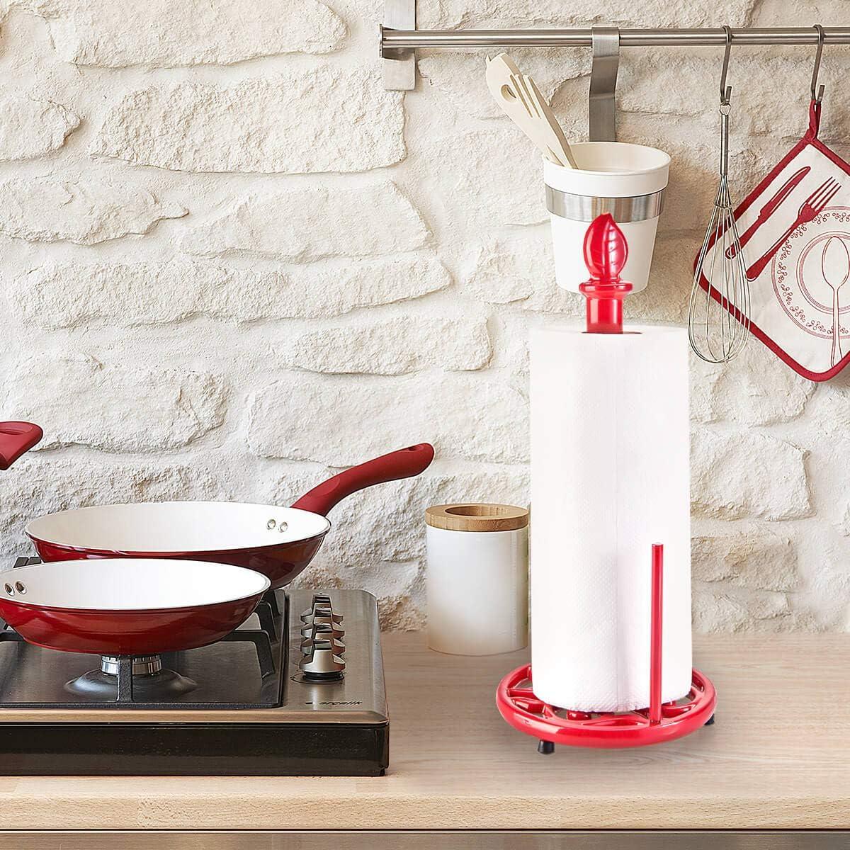 JOGREFUL Paper Towel Holder Stand, Cast Iron Kitchen Paper Towel Countertop Vintage Stand with Weighted-Base, Bathroom Organization for Family Standard Large Size Roll Paper, Mistletoe Base, Red
