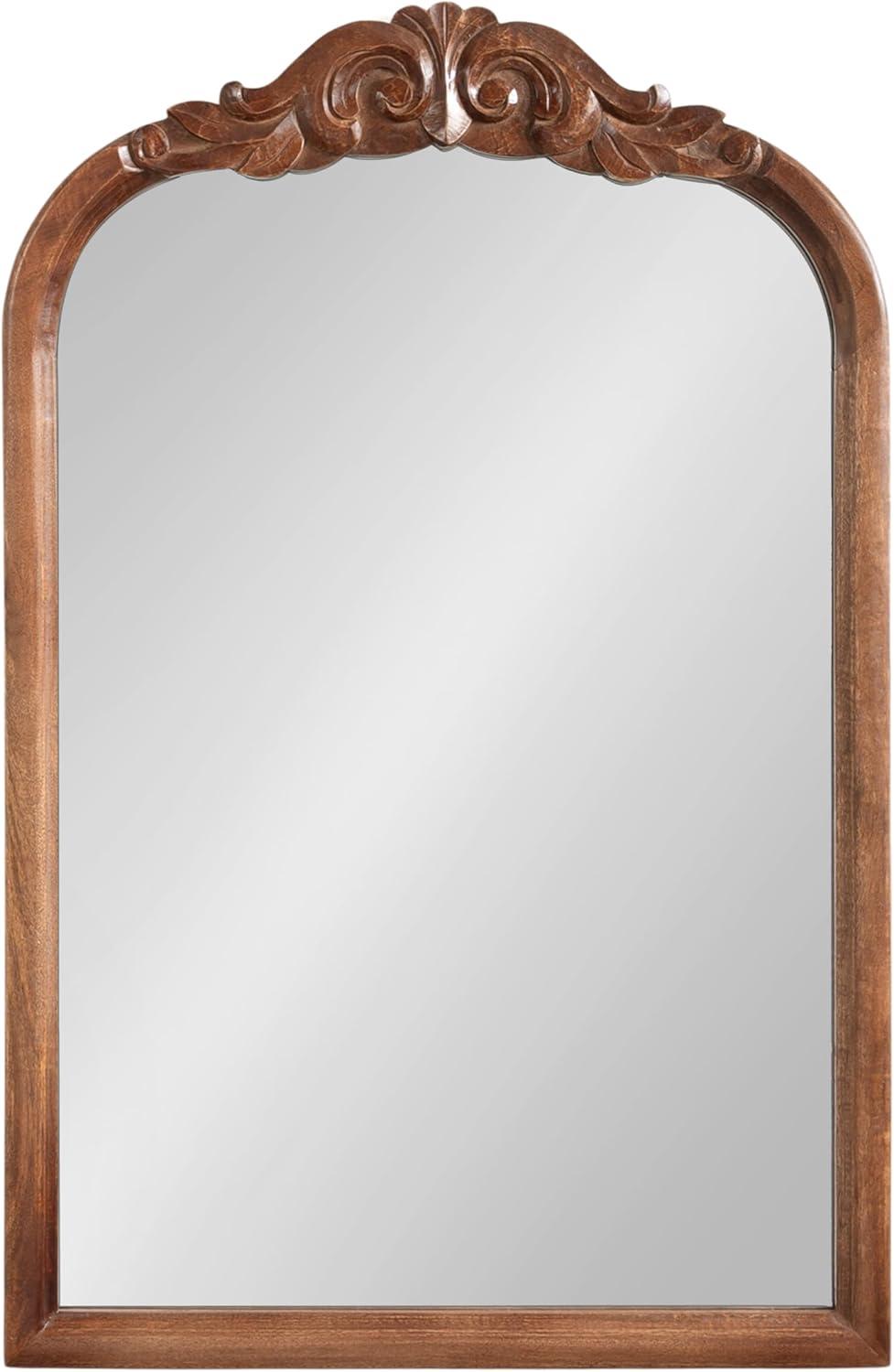 Kate And Laurel Arendahl Traditional Arch Wall Mirror, 24 x 36, Walnut Brown, Vintage Baroque-Inspired Wooden Arched Bathroom Mirror for Over Sink with Ornate Carved Crown