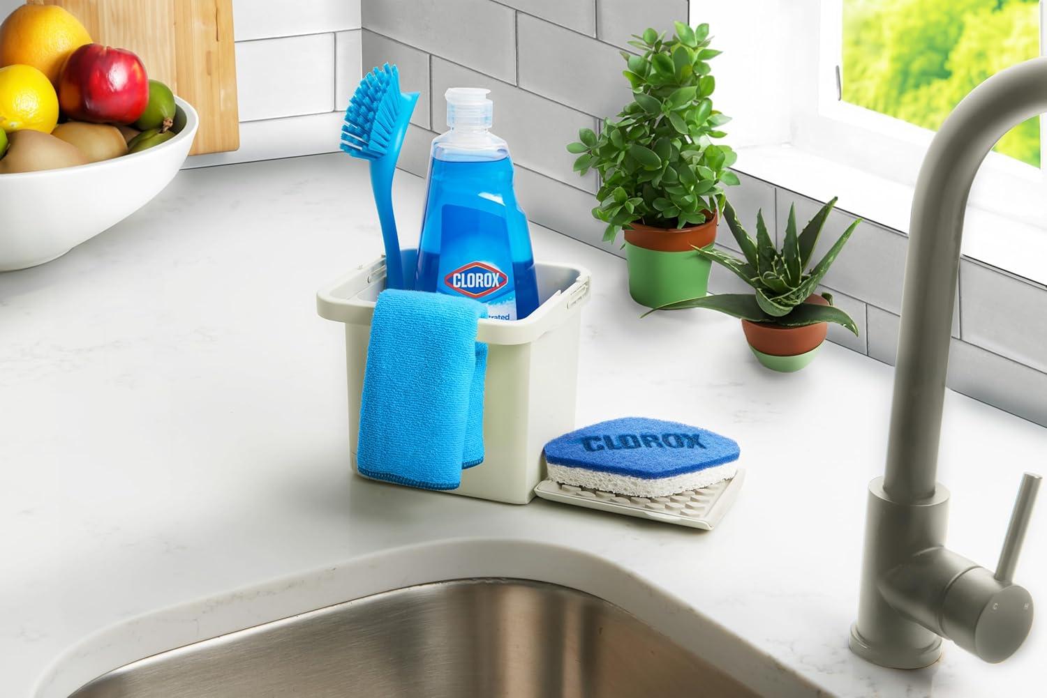 Clorox KeptClean Kitchen Sink Organizer – Space-Saving Organization of Dish Soap, Scrub Brushes, and Dish Towels, Fold-Down Shelf for Sponges and Jewelry, Drainage Tray – Steel