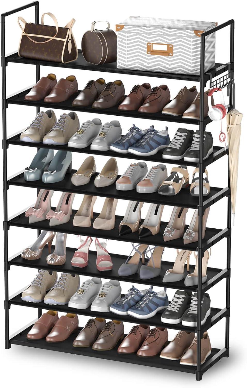 8-Tier Black Metal Stackable Shoe Rack with Hooks