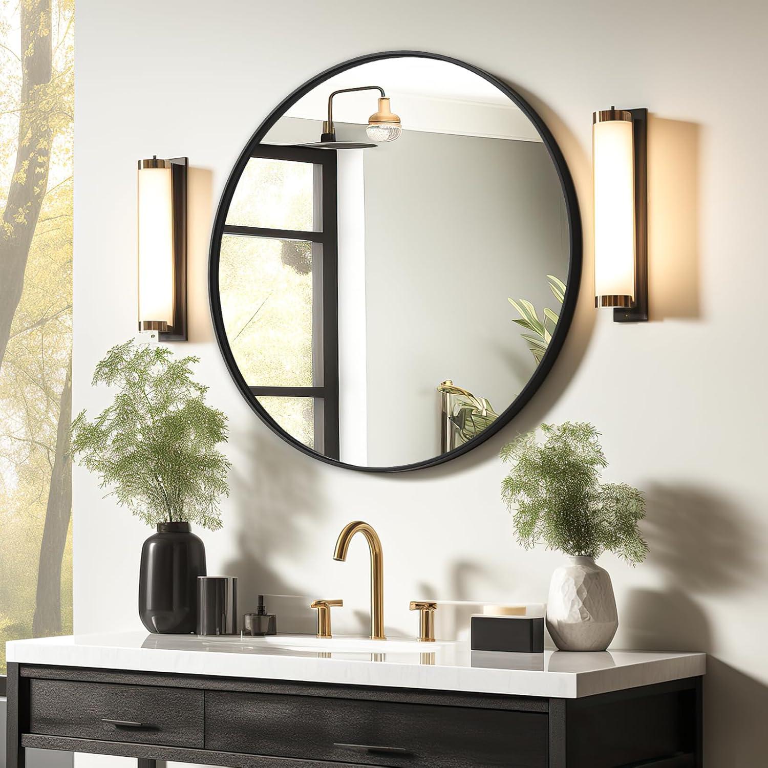 USHOWER 36" Black Round Wall Mirror - Metal Frame Circle Mirror for Bathroom, Bedroom, Living Room, and Entryway Decor
