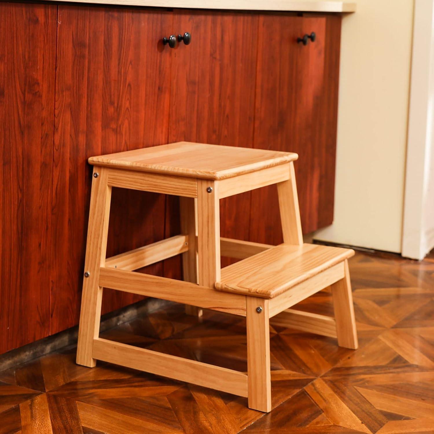 Natural Solid Wood Toddler Kitchen Step Stool with Safety Rail