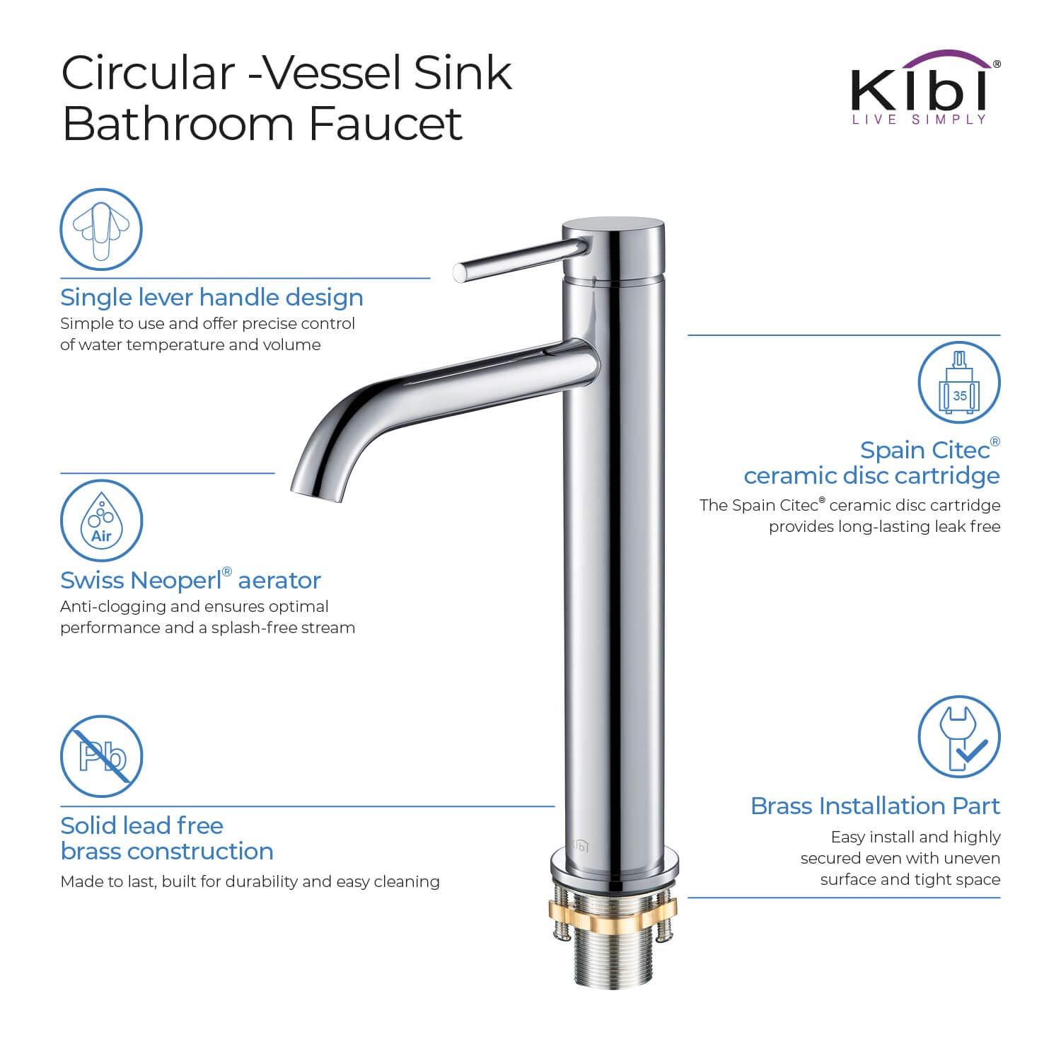 KIBI C-KBF1009CH-KPW101CH Circular Vessel Sink Faucet Single-handle Bathroom Faucet