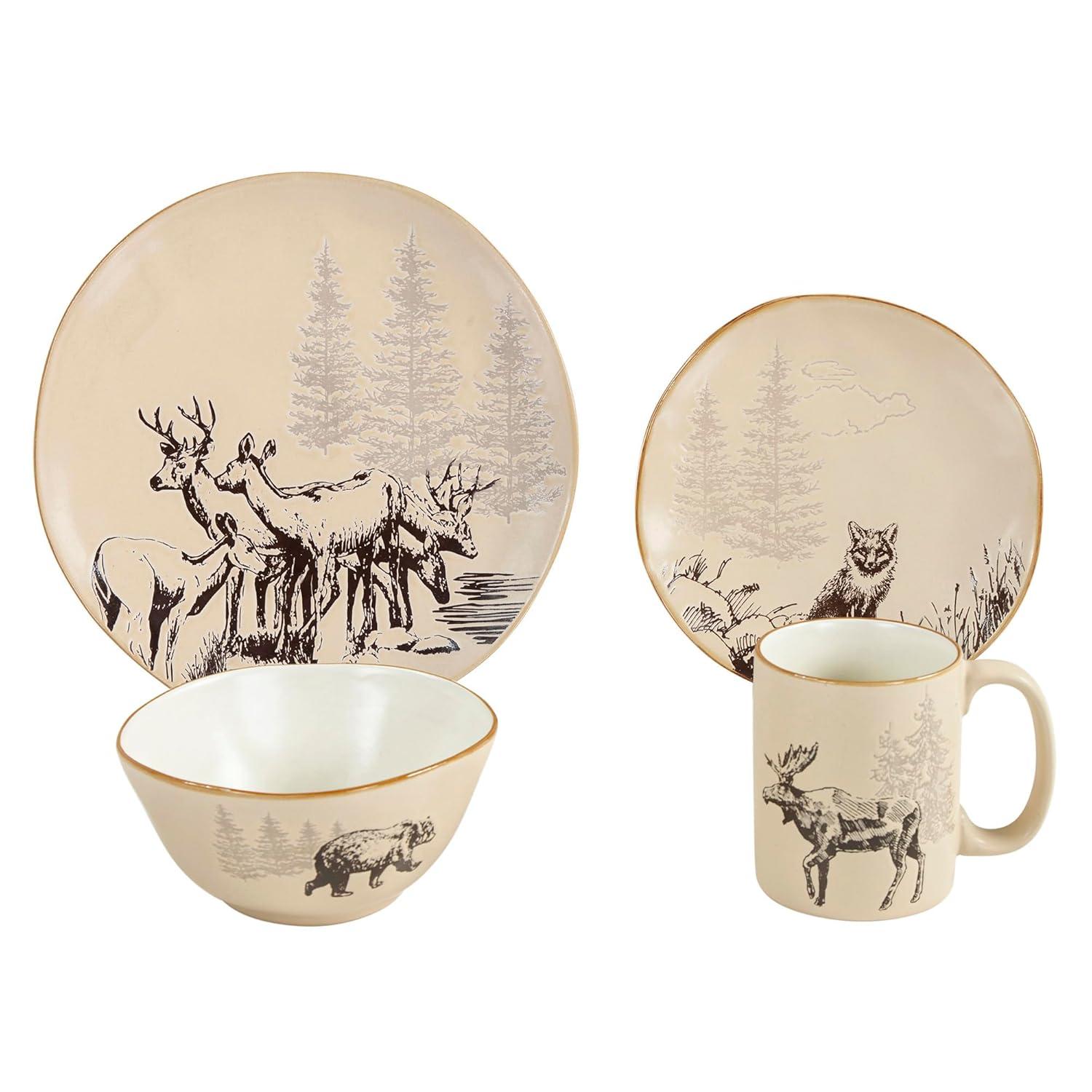 Paseo Road White Pine 16 Piece Ceramic Dinnerware Set, Pine Tree Bear Deer Moose Fox Print, Modern Rustic Cabin Lodge Dish Set with Plates, Bowls, Mugs
