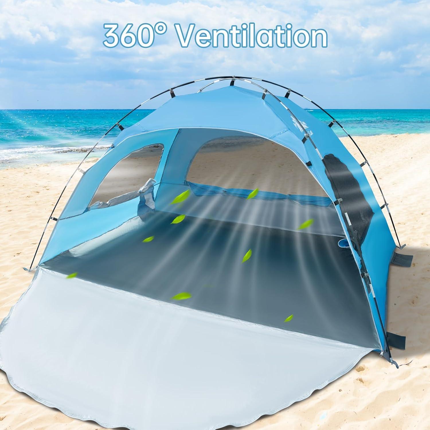 Blue 4-Person Summer Portable Beach Tent with UV Protection