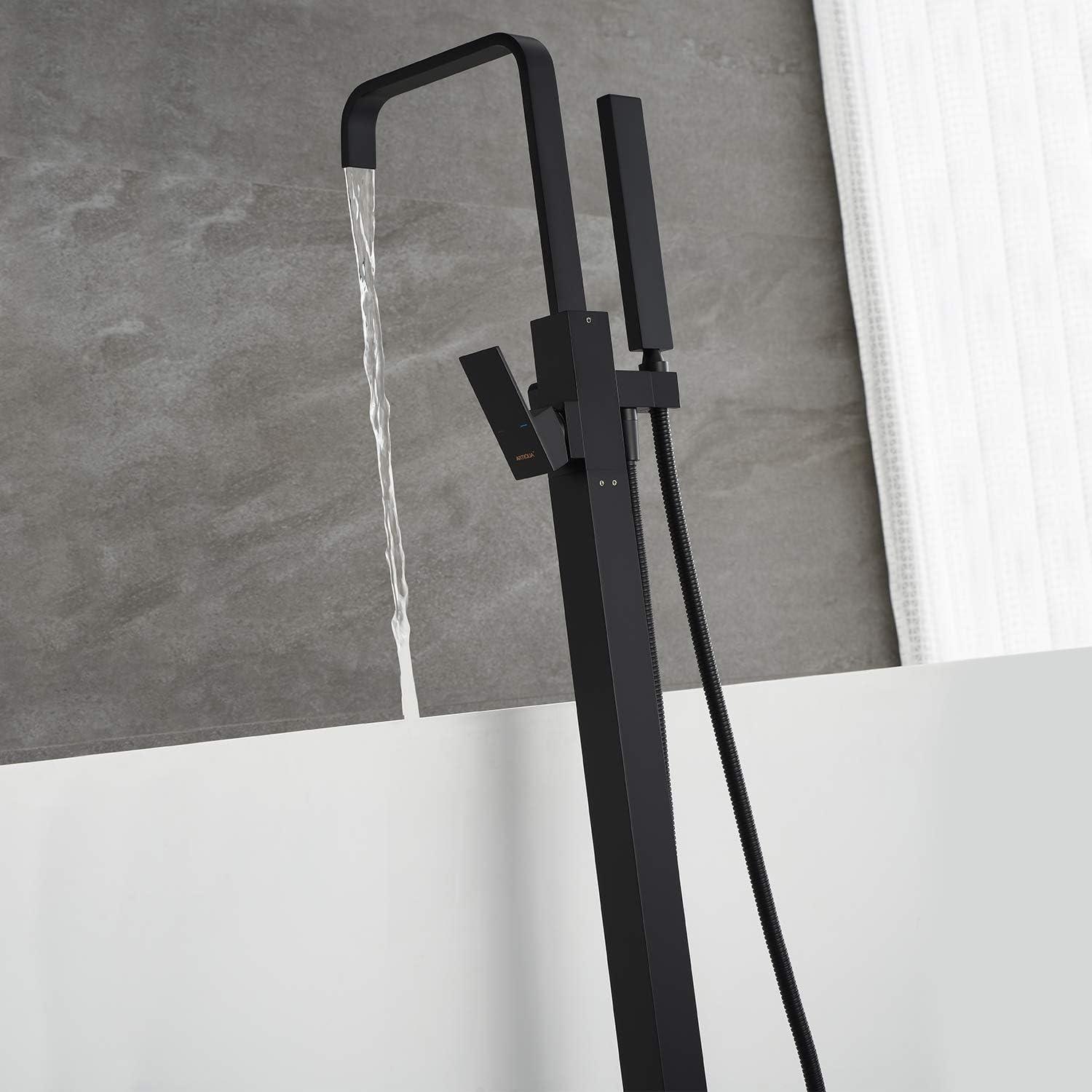 Matte Black Brass Waterfall Freestanding Tub Faucet with Hand Shower