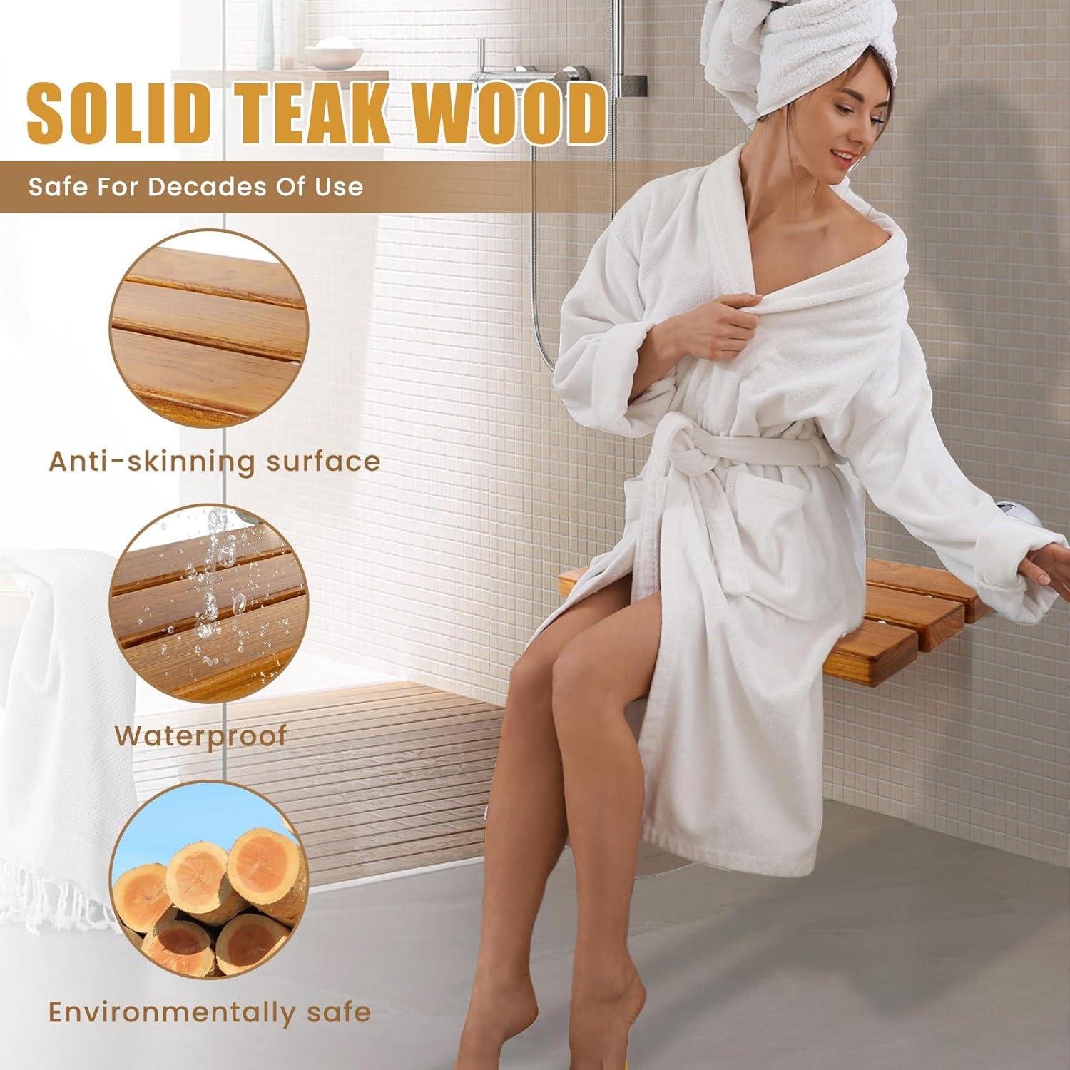 20 inchs Teak Folding Shower Seat Wall Mounted,Fold Down Shower Bench for Shower Space, Home Care Teak Wood Stool for Inside Shower,Pregnants-Maximum Load 440lb (Glossy & Yellow)