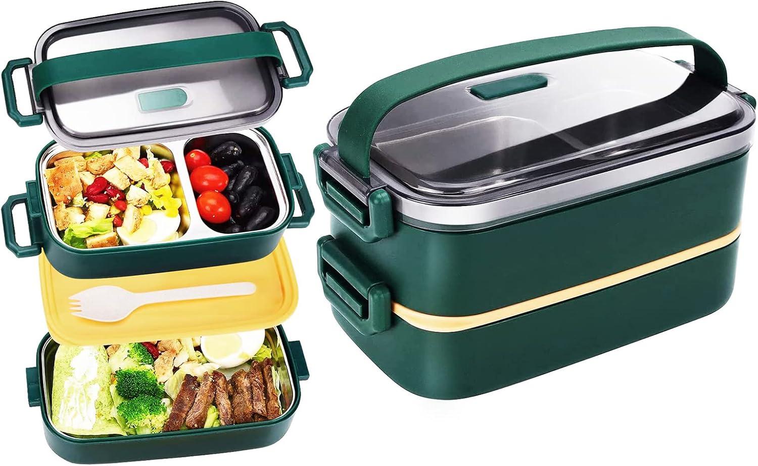 Green 2-Layer Stainless Steel Bento Box with Plastic Trays