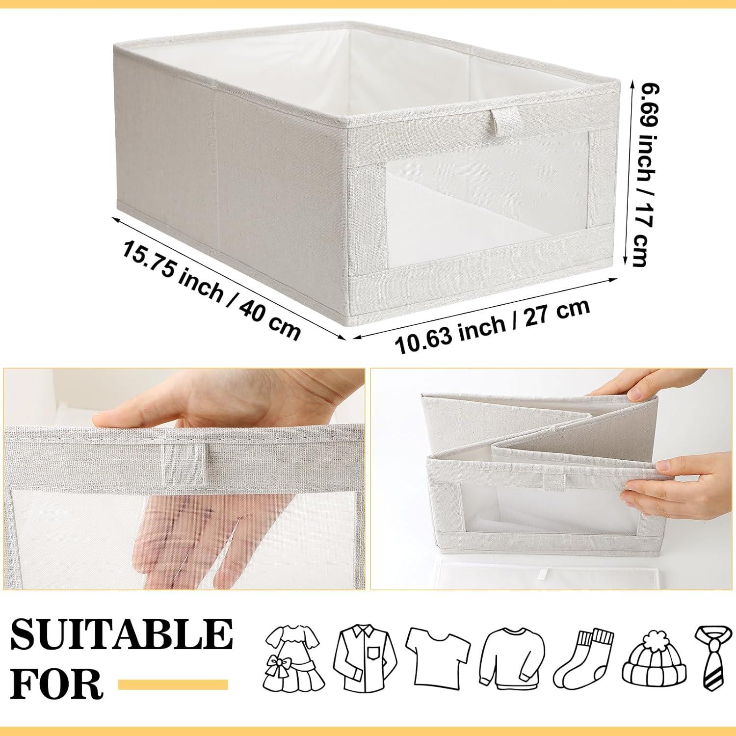 4 Pack TeqHome Foldable Closet Storage Bins with Clear Window Linen Closet Baskets for Closet Organization for Clothing Jeans Shelves Toys Beige