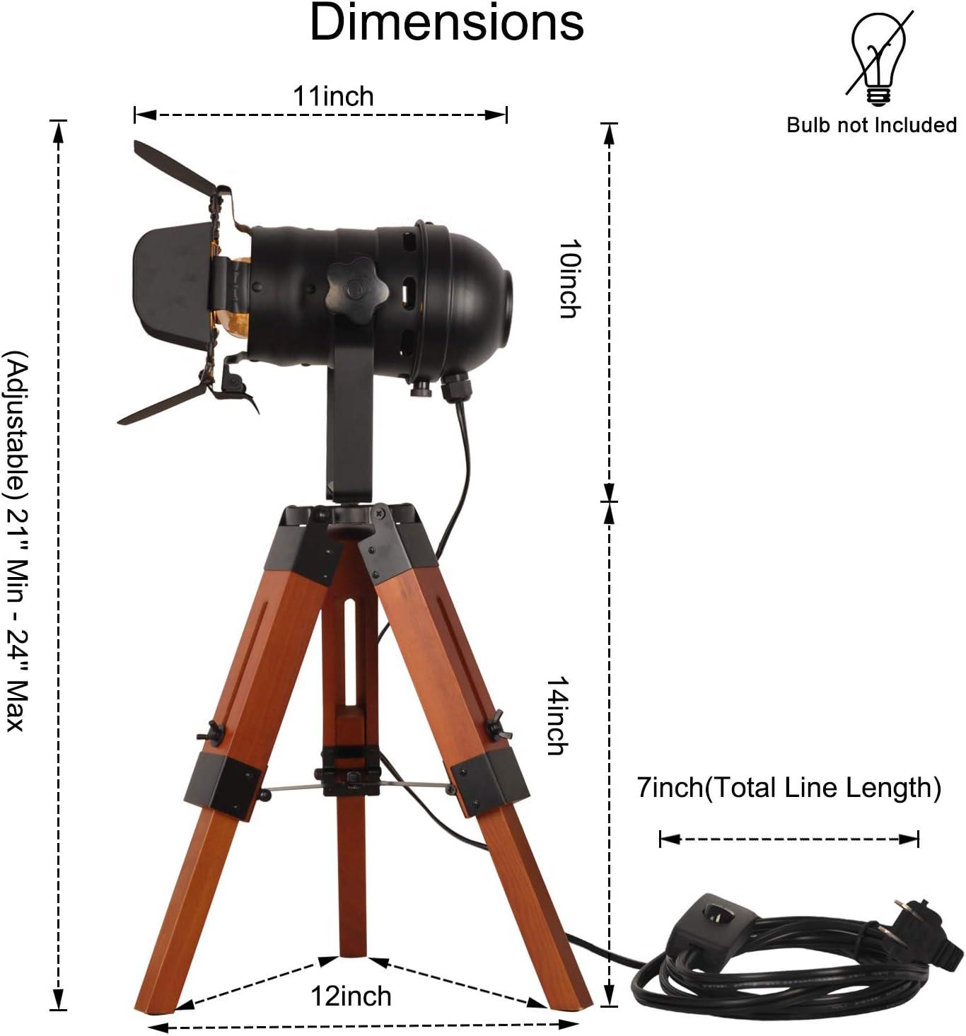 Modern Industrial Vintage Tripod Floor Table Lamp - Metal Wooden Nautical Cinema Standing Searchlight - Reading Light for Living Room Movie Theatre Decoration Adjustable Height (excluding Bulb)