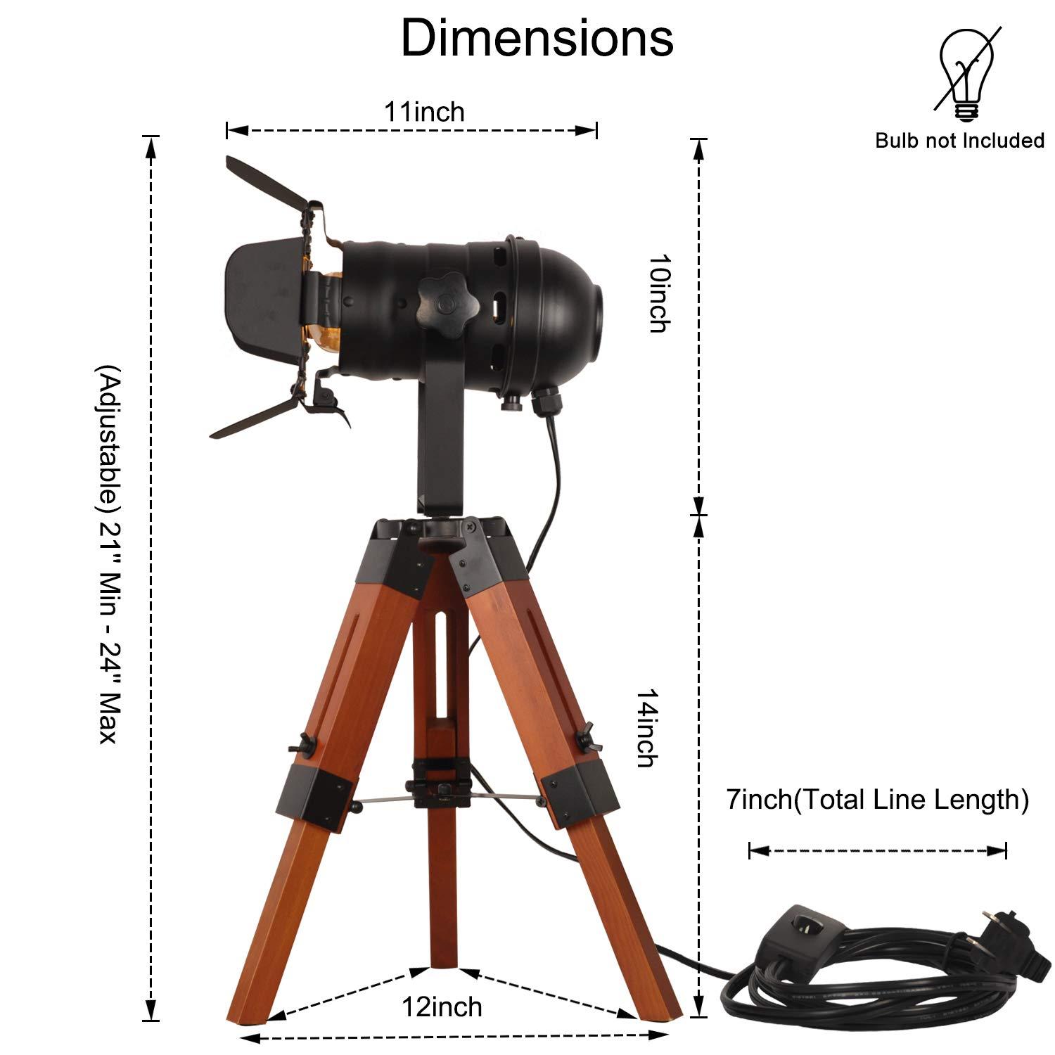 Modern Industrial Vintage Tripod Floor Table Lamp - Metal Wooden Nautical Cinema Standing Searchlight - Reading Light for Living Room Movie Theatre Decoration Adjustable Height (excluding Bulb)
