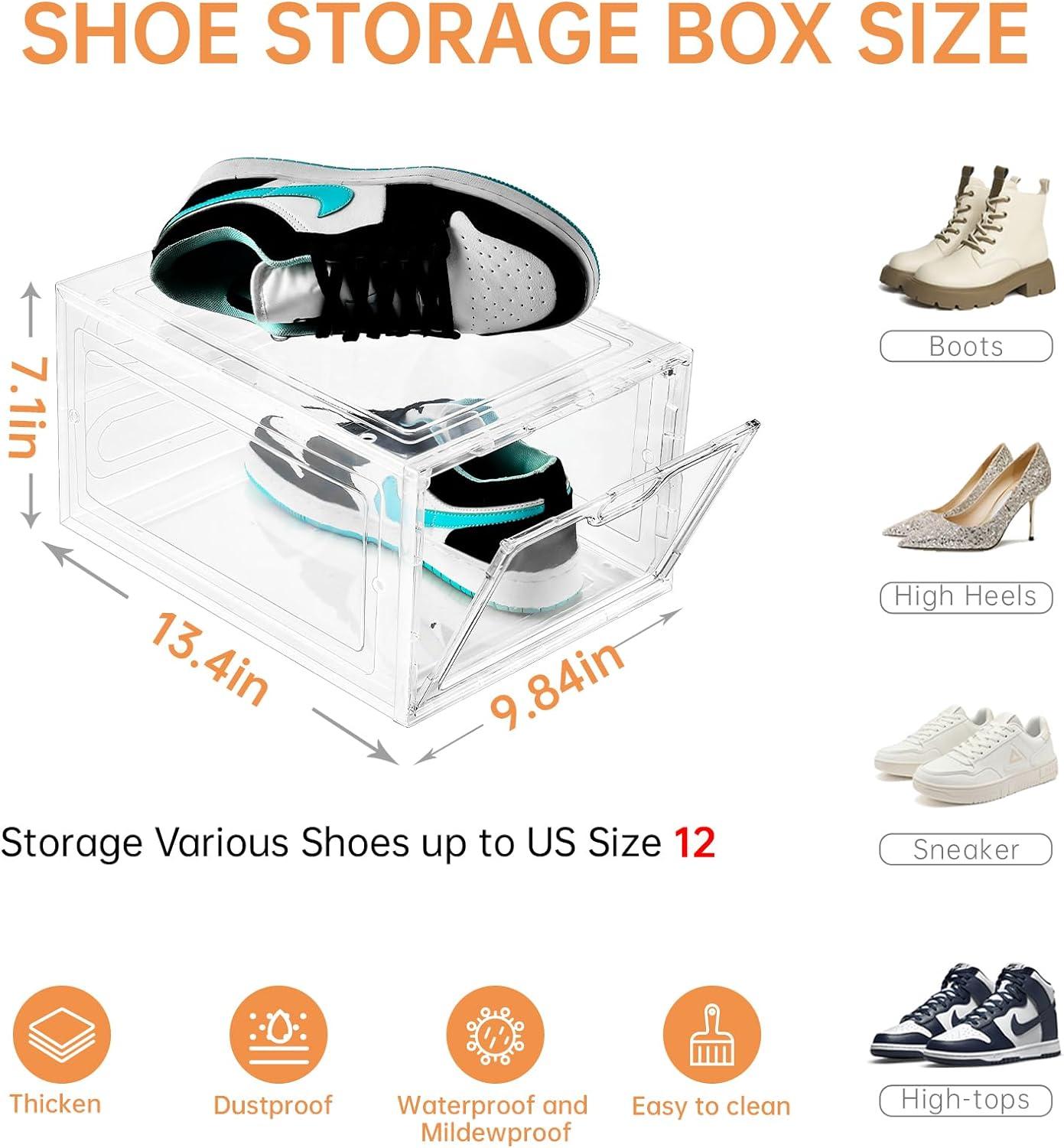 12 Pack Shoe Storage Boxes, Stackable Clear Boxes With Doors, Organizer Containers For Sneakers - Fit US Men's/Women's Size 12 (13.4"x 9.8"x 7.1")