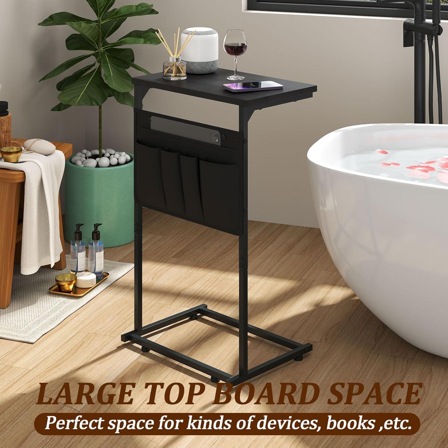 C-Shaped Side Table, Small End Table with Storage Bag, Couch Side Table with Sturdy Frame, Sturdy Slide Under Sofa Table, TV Tray Table for Living Room, Bedroom, Rustic Brown and Black BF40SF01