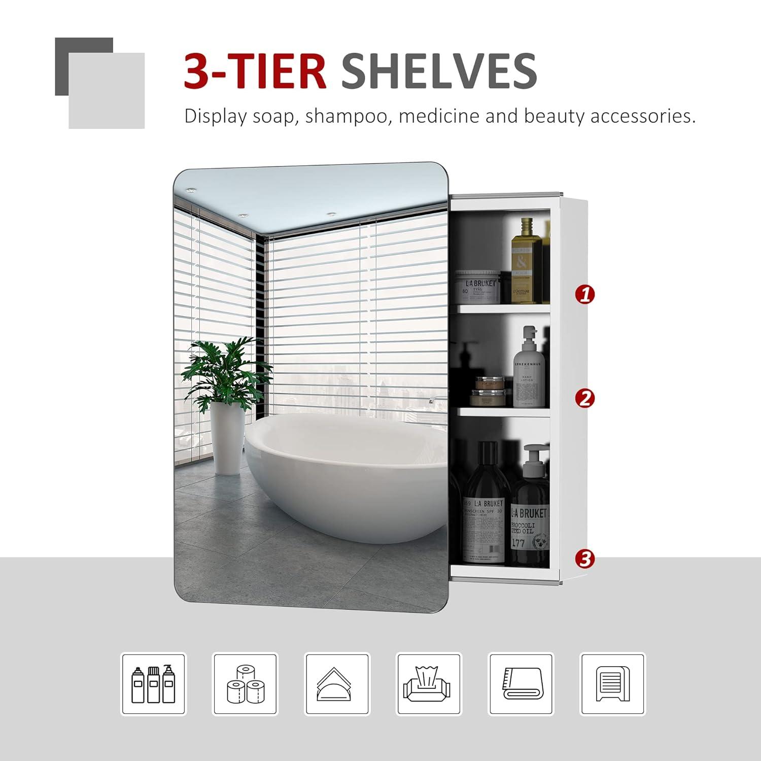 kleankin 18'' x 26'' Wall Mount Bathroom Medicine Cabinet Mirror Sliding Door with 3-Tier Storage Shelf, Stainless Steel, for Living Room Bedroom