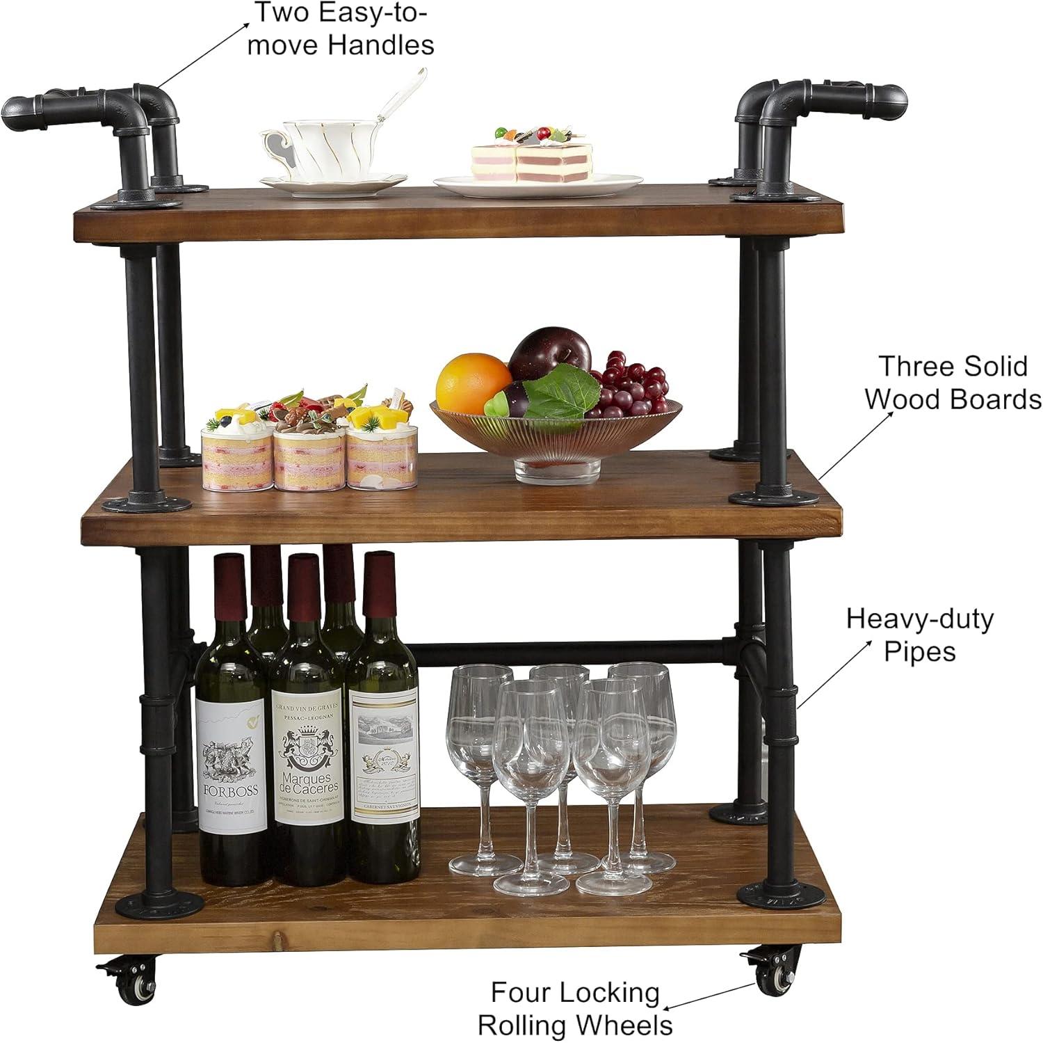 Industrial Bar Carts/Serving Carts/Kitchen Carts/Wine Rack Carts on Wheels with Storage - Industrial Rolling Carts - Wine Tea Liquor Shelves/Holder - Solid Wood and Metal Home Furniture