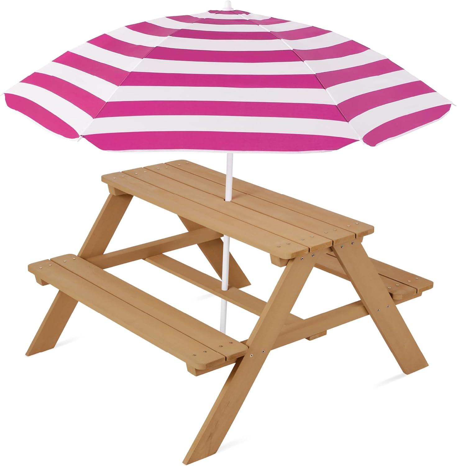 Best Choice Products Kids Wooden Picnic Table, Outdoor Activity Table w/ Adjustable Umbrella, Seats - Natural/Dark Pink
