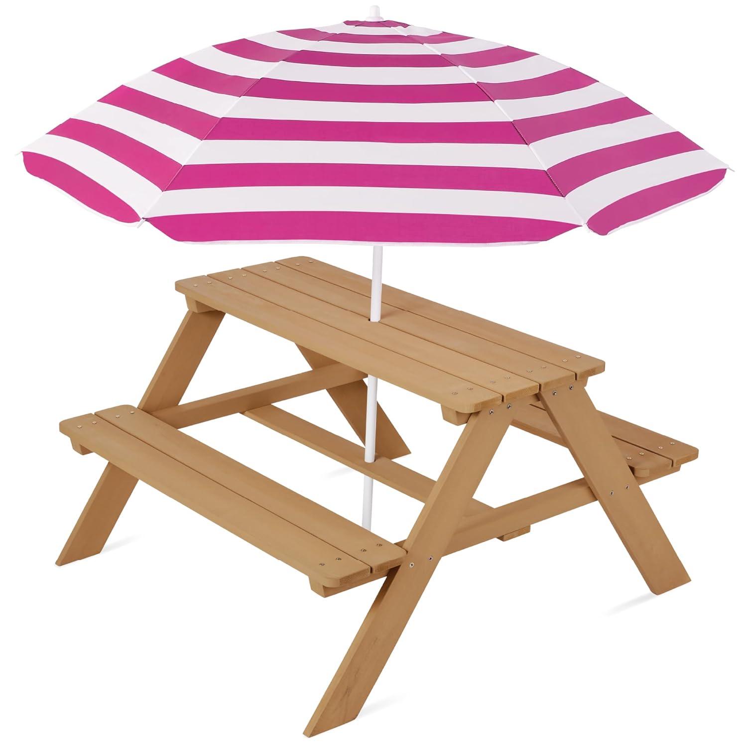 Best Choice Products Kids Wooden Picnic Table, Outdoor Activity Table w/ Adjustable Umbrella, Seats - Natural/Dark Pink